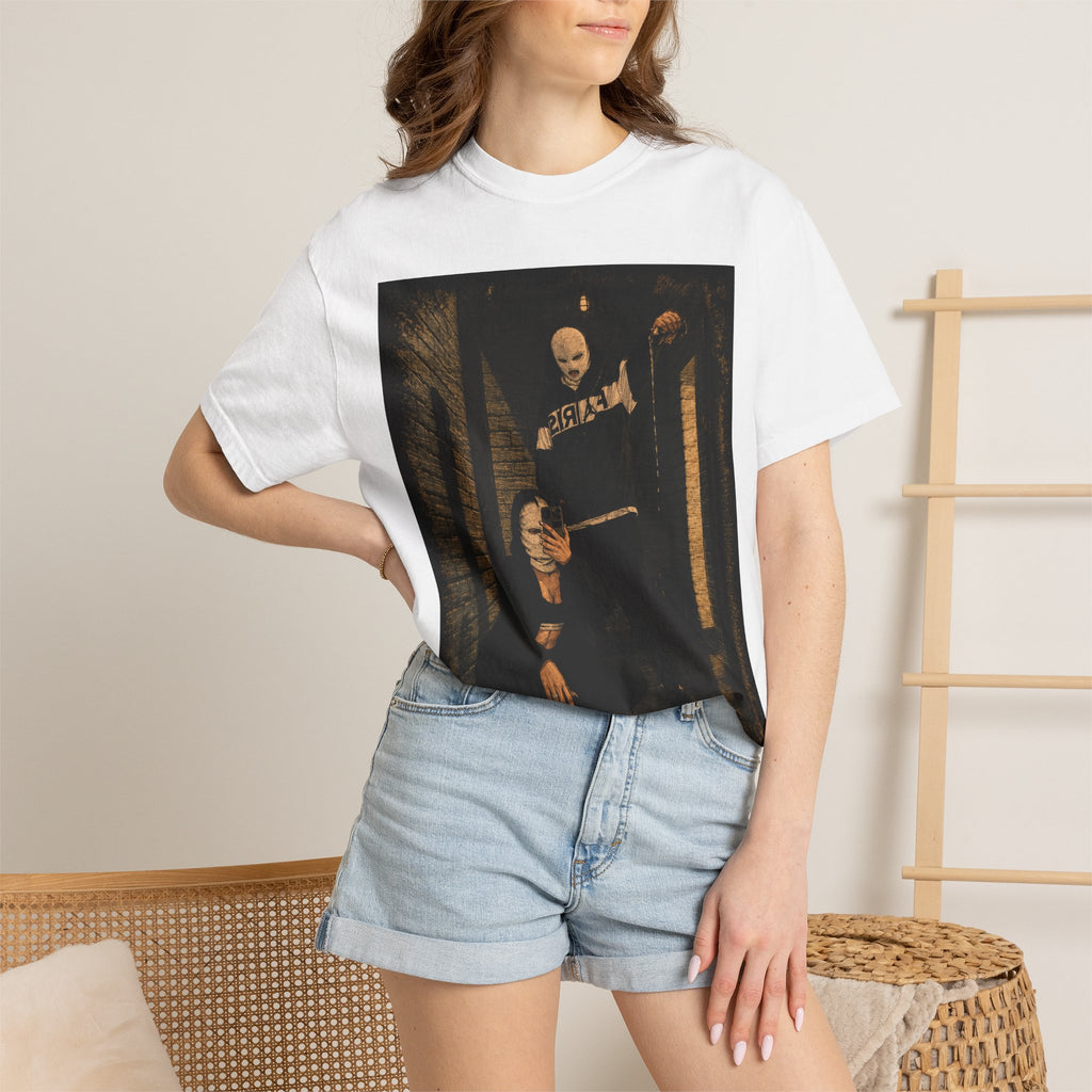 Horror Movie Scene Graphic T-Shirt — Vintage Masked Killer Photo Tee