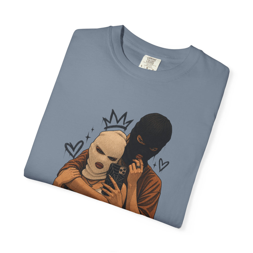 Masked Couple Graphic T-Shirt — Urban Streetwear Tee with Crown & Hearts Design
