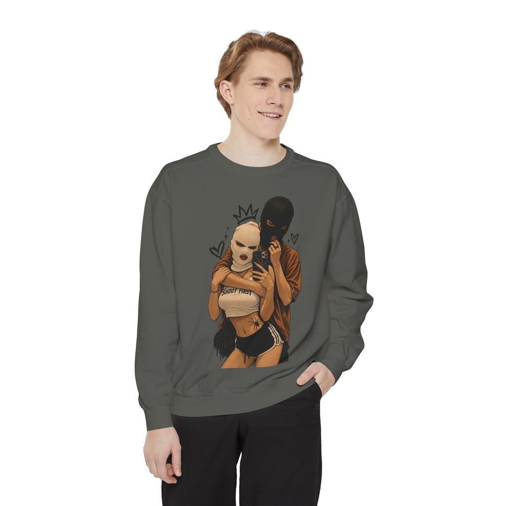 Couple Selfie Graphic Sweatshirt — Masked Lovers Illustration