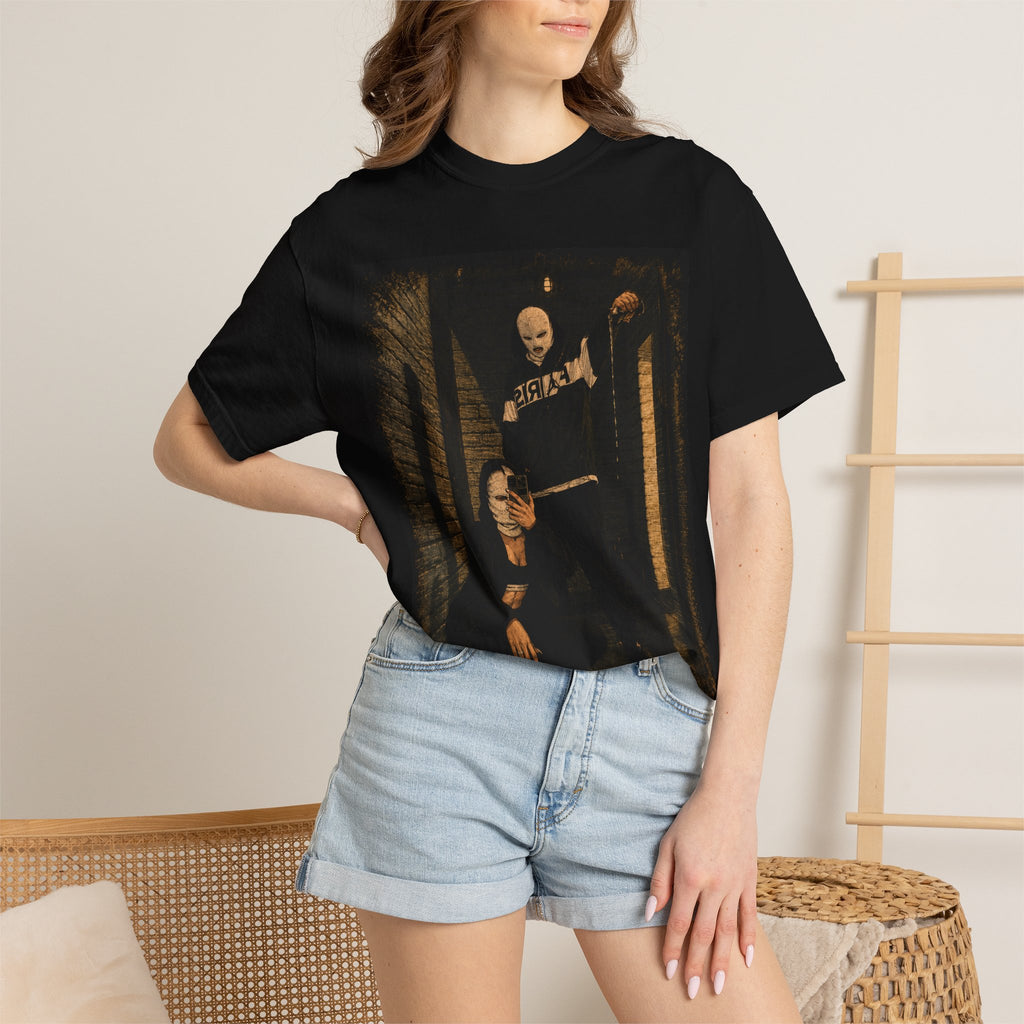Horror Movie Scene Graphic T-Shirt — Vintage Masked Killer Photo Tee