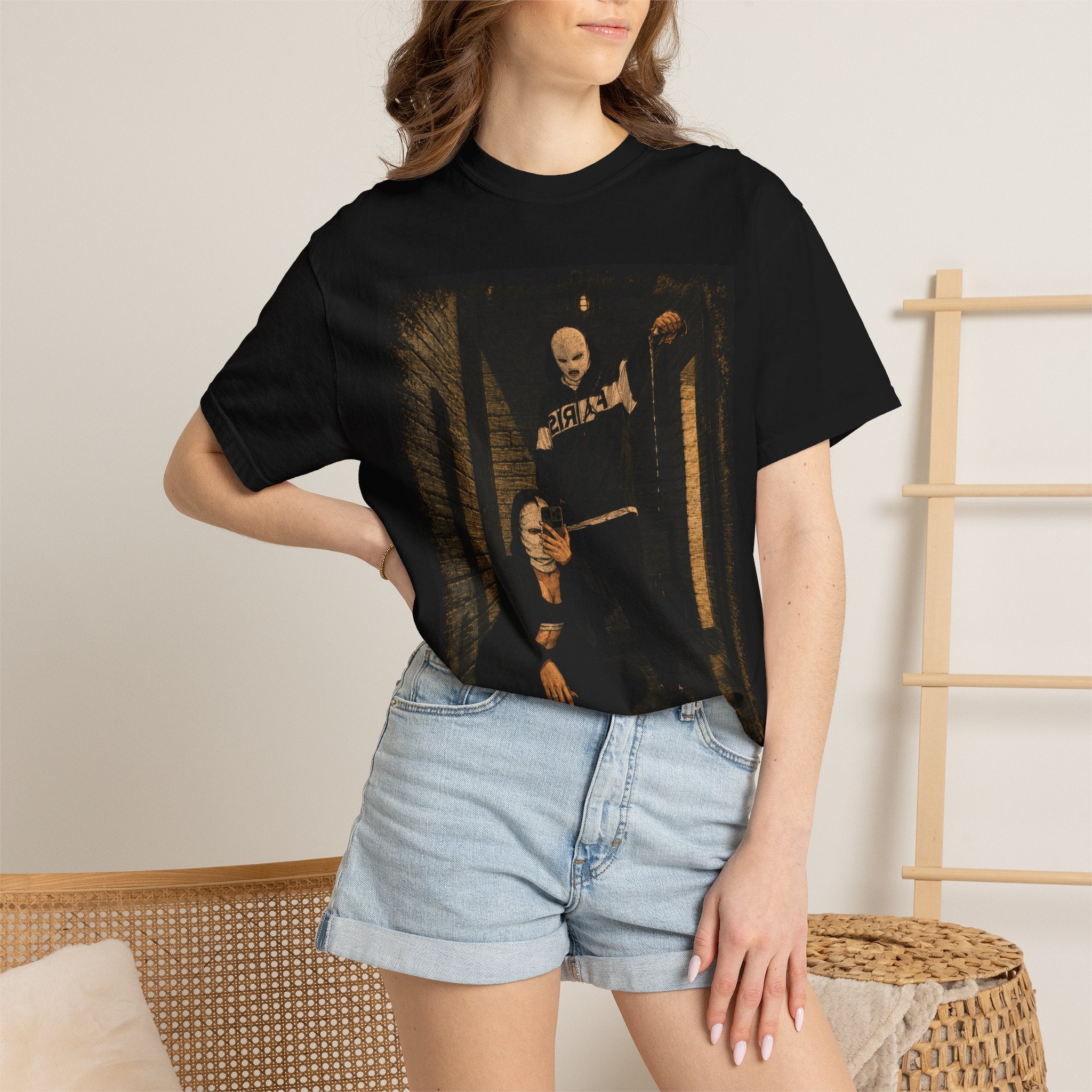 Horror Movie Scene Graphic T-Shirt — Vintage Masked Killer Photo Tee