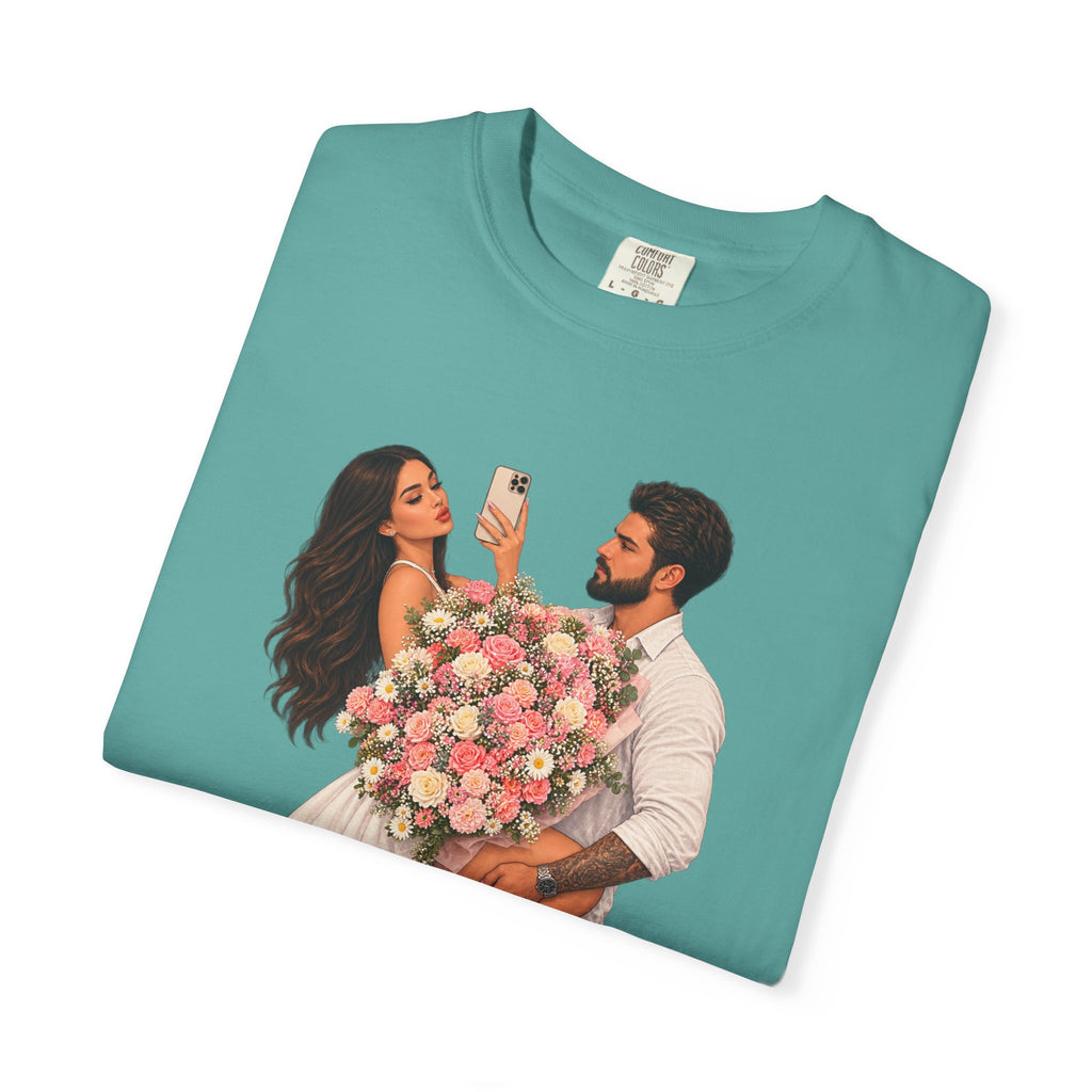 Couple Holding Bouquet Graphic T-Shirt — Romantic Date & Anniversary Tee