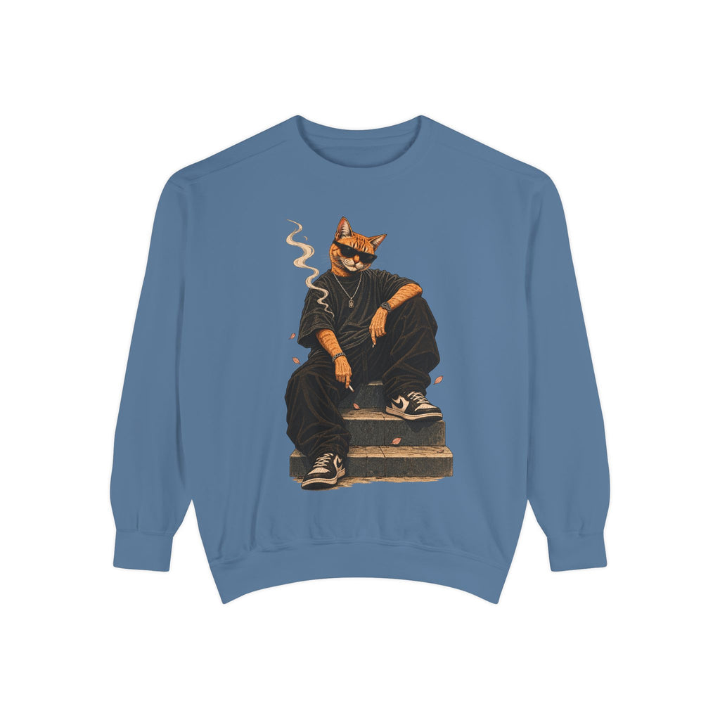 Cat Gangster Sweatshirt — Retro Cool Cat Sitting, Smoky Streetwear Crewneck