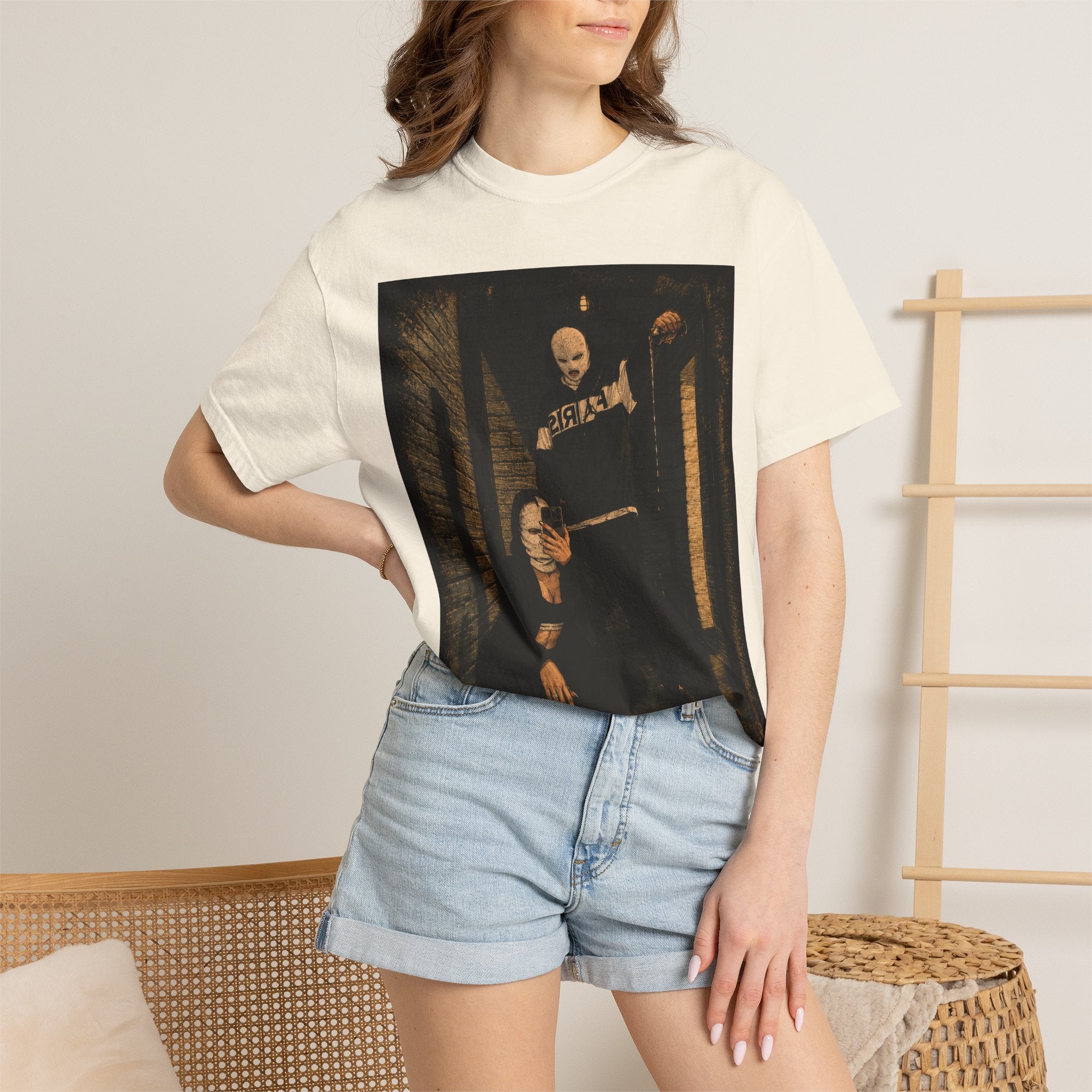 Horror Movie Scene Graphic T-Shirt — Vintage Masked Killer Photo Tee