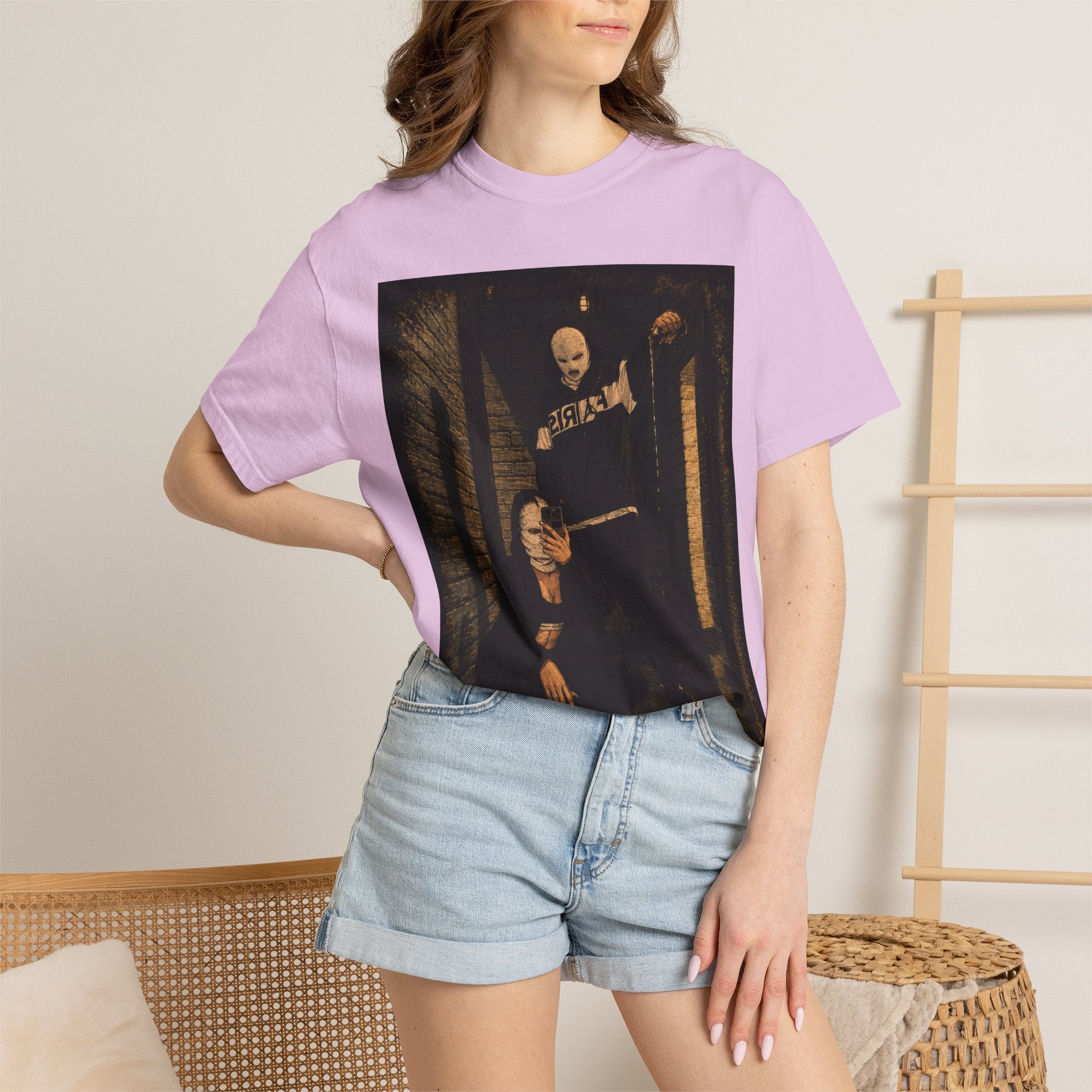 Horror Movie Scene Graphic T-Shirt — Vintage Masked Killer Photo Tee