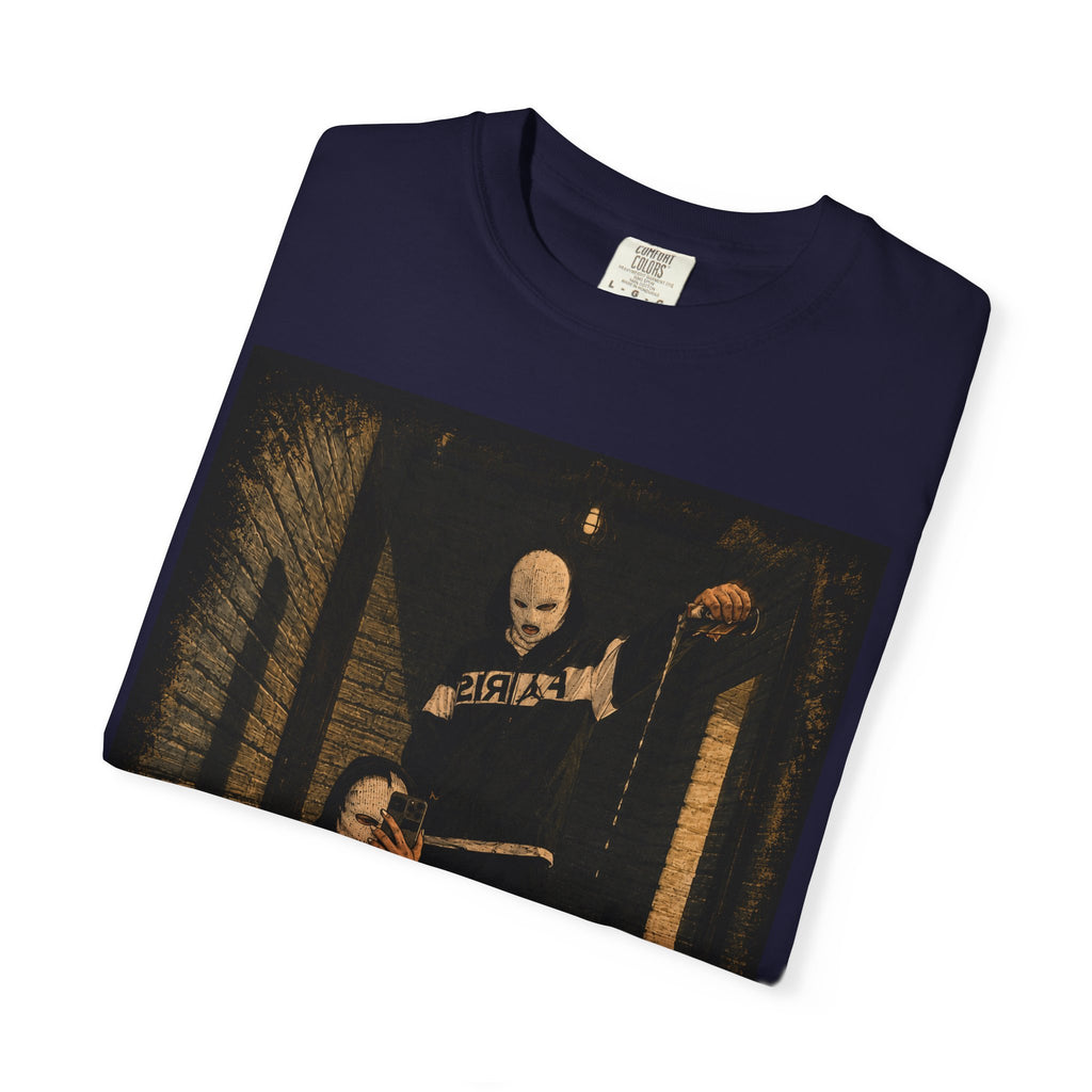 Horror Movie Scene Graphic T-Shirt — Vintage Masked Killer Photo Tee