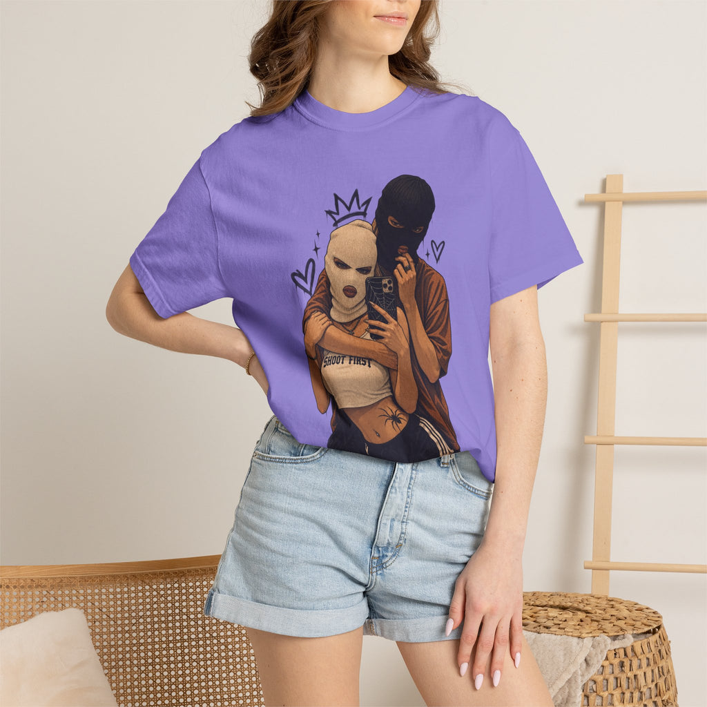 Masked Couple Graphic T-Shirt — Urban Streetwear Tee with Crown & Hearts Design