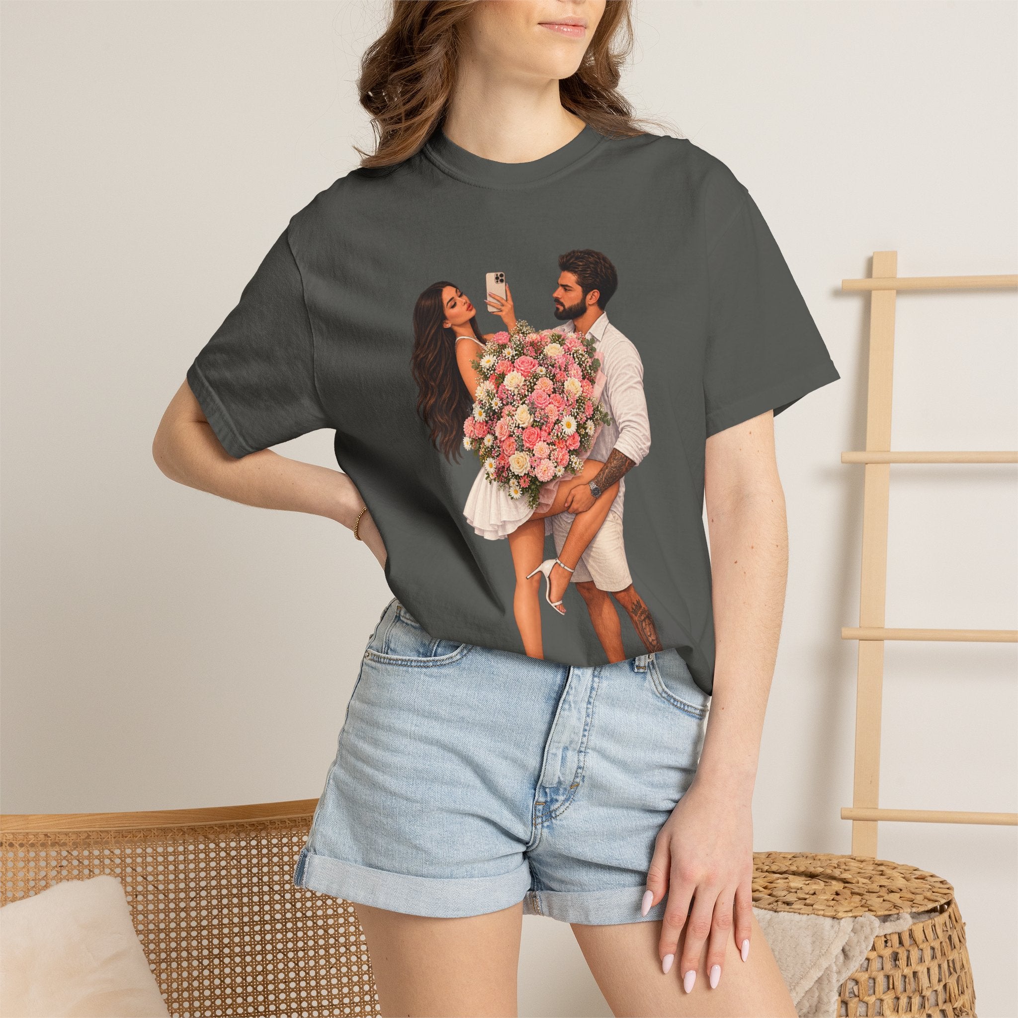 Couple Holding Bouquet Graphic T-Shirt — Romantic Date & Anniversary Tee