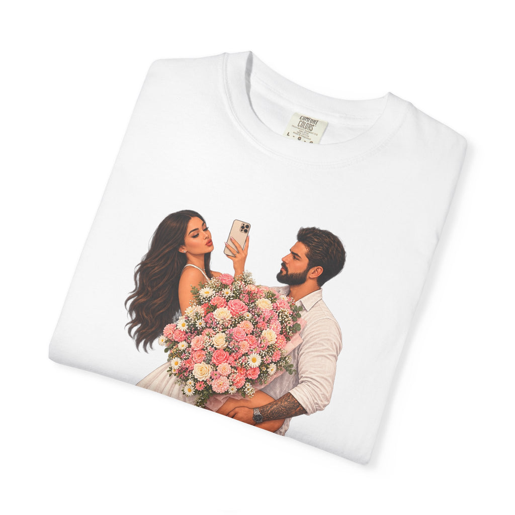 Couple Holding Bouquet Graphic T-Shirt — Romantic Date & Anniversary Tee