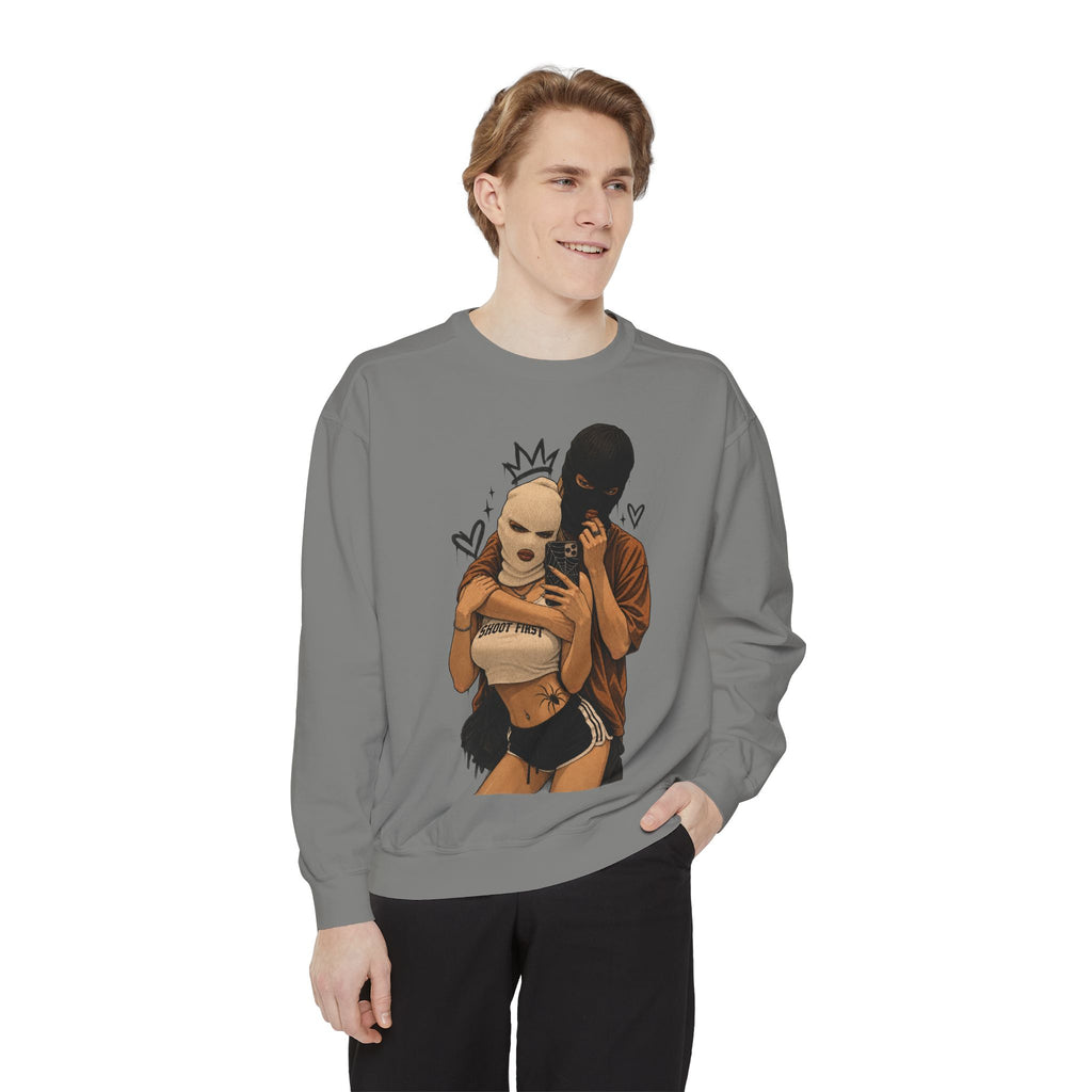 Couple Selfie Graphic Sweatshirt — Masked Lovers Illustration