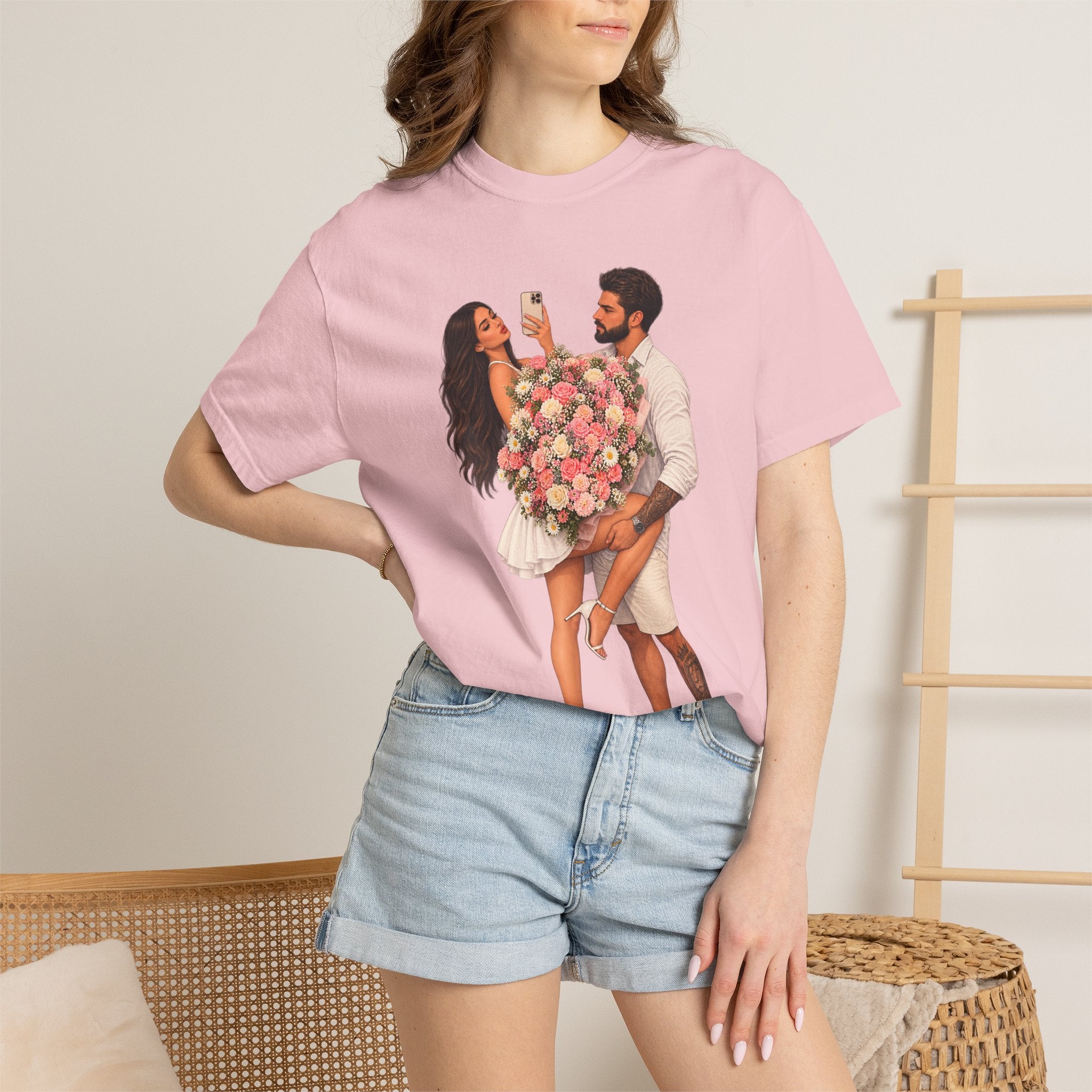 Couple Holding Bouquet Graphic T-Shirt — Romantic Date & Anniversary Tee
