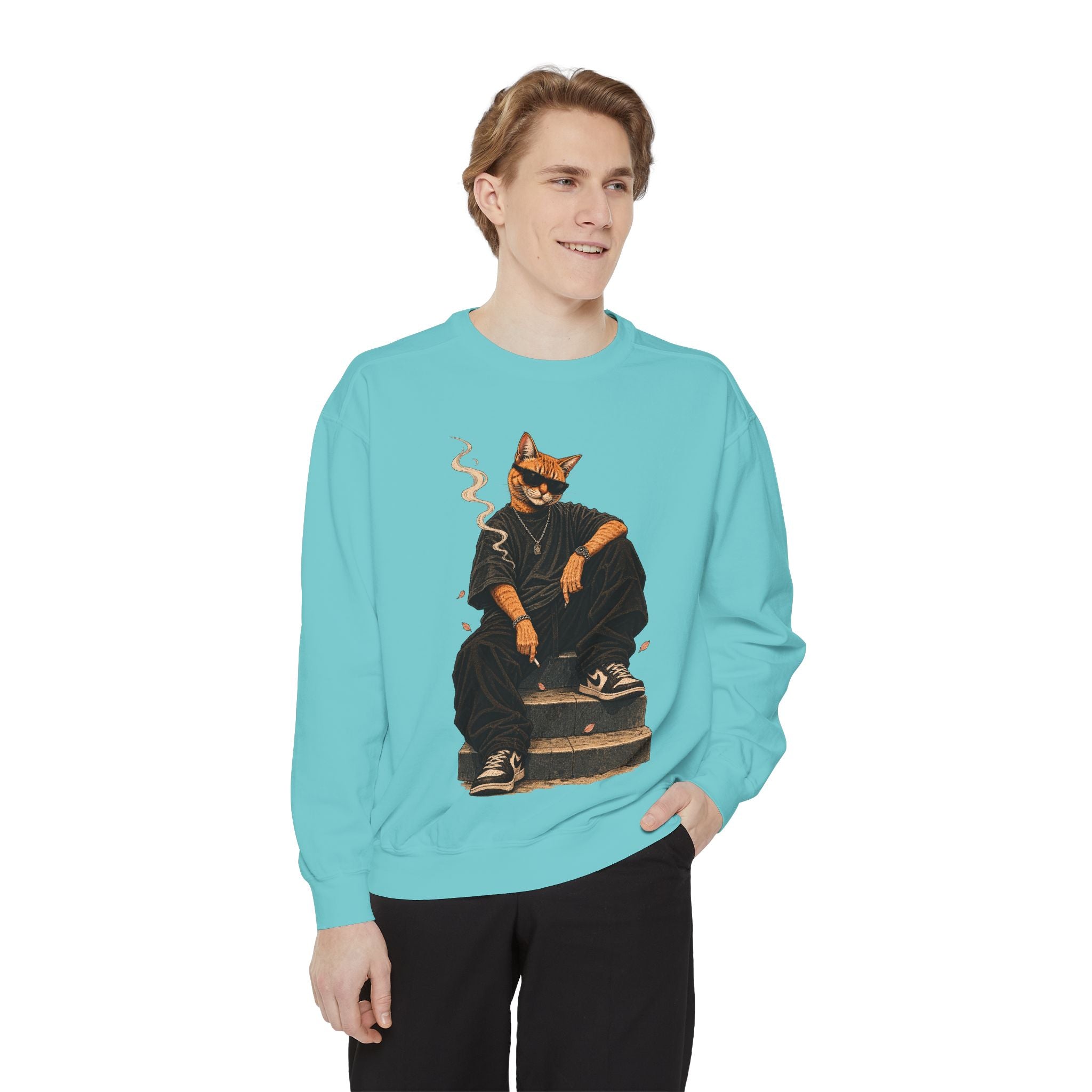 Cat Gangster Sweatshirt — Retro Cool Cat Sitting, Smoky Streetwear Crewneck