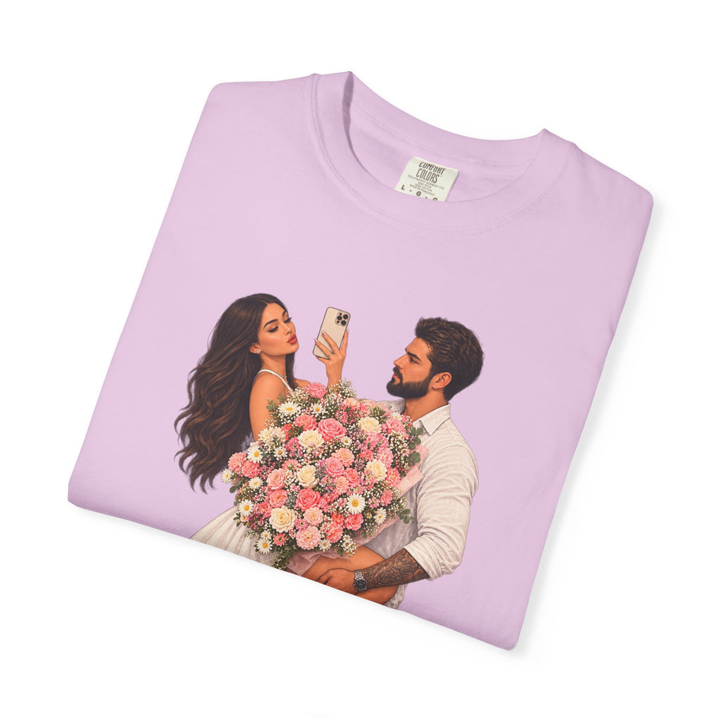Couple Holding Bouquet Graphic T-Shirt — Romantic Date & Anniversary Tee