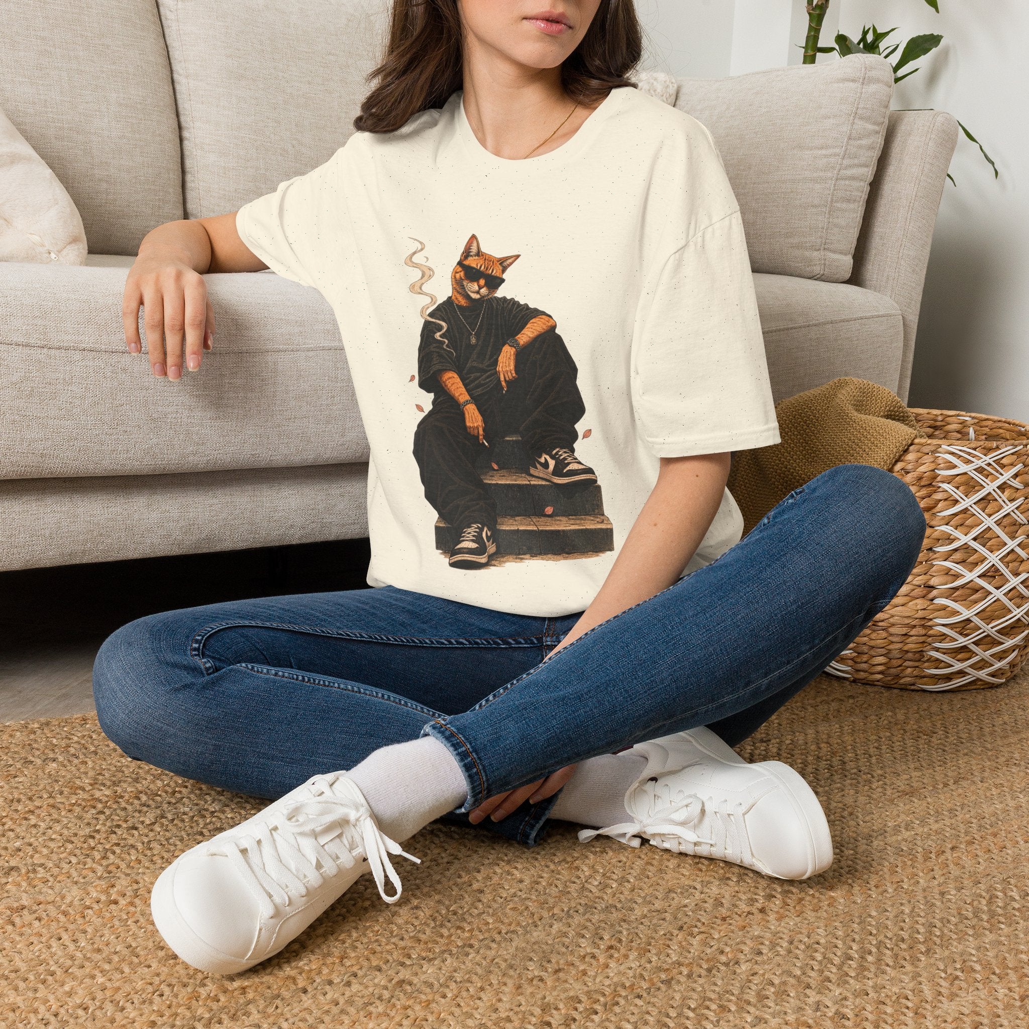 Cool Cat Skateboard T‑Shirt — Smoking Cat Graphic Tee for Skate Lovers