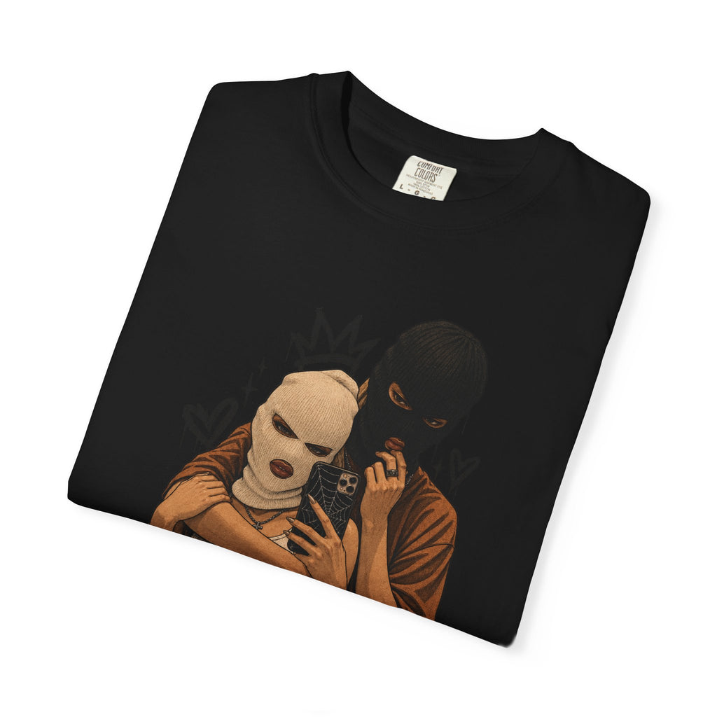 Masked Couple Graphic T-Shirt — Urban Streetwear Tee with Crown & Hearts Design