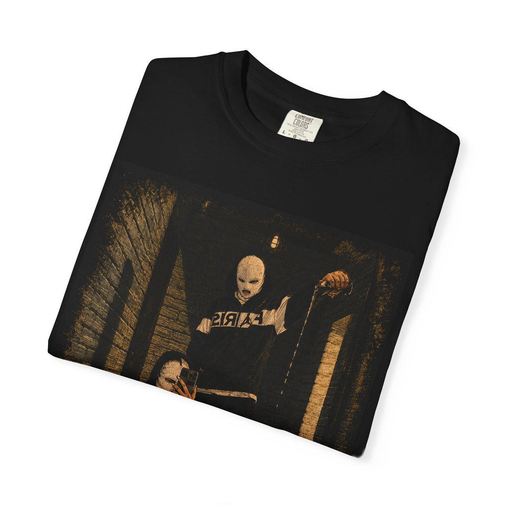 Horror Movie Scene Graphic T-Shirt — Vintage Masked Killer Photo Tee
