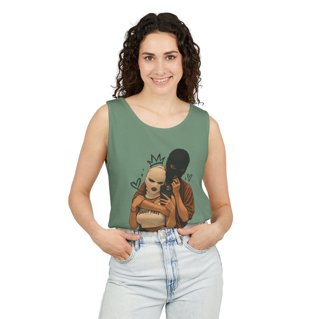 Masked Couple Graphic Tank Top — Edgy Streetwear Summer Tank