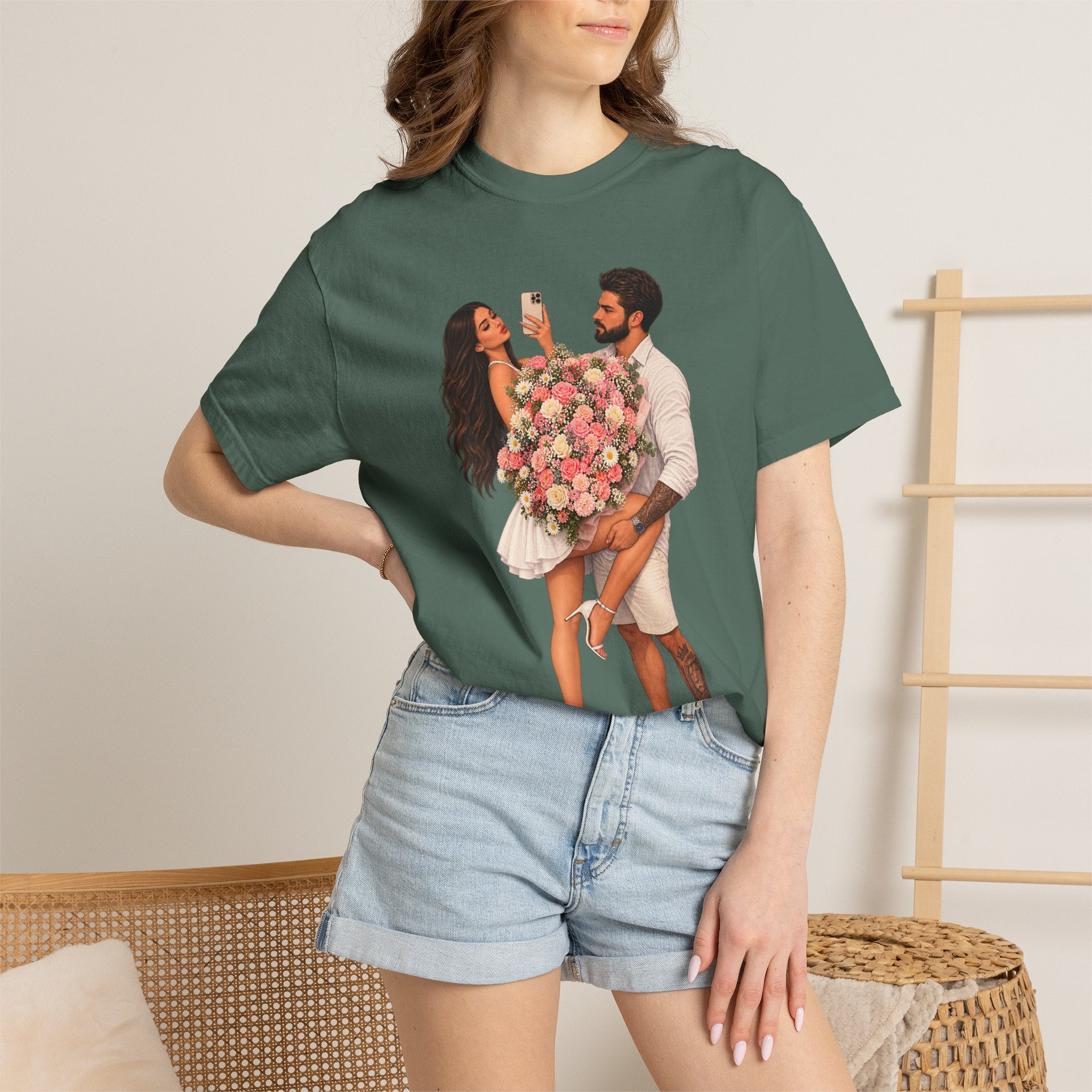 Couple Holding Bouquet Graphic T-Shirt — Romantic Date & Anniversary Tee