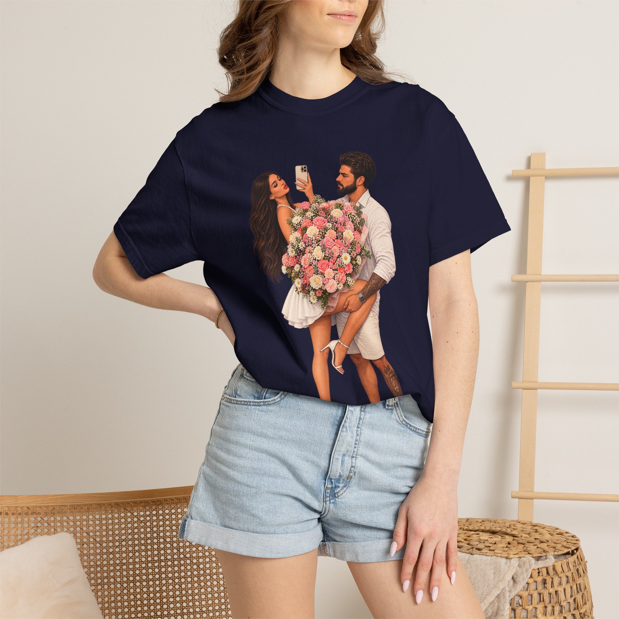 Couple Holding Bouquet Graphic T-Shirt — Romantic Date & Anniversary Tee