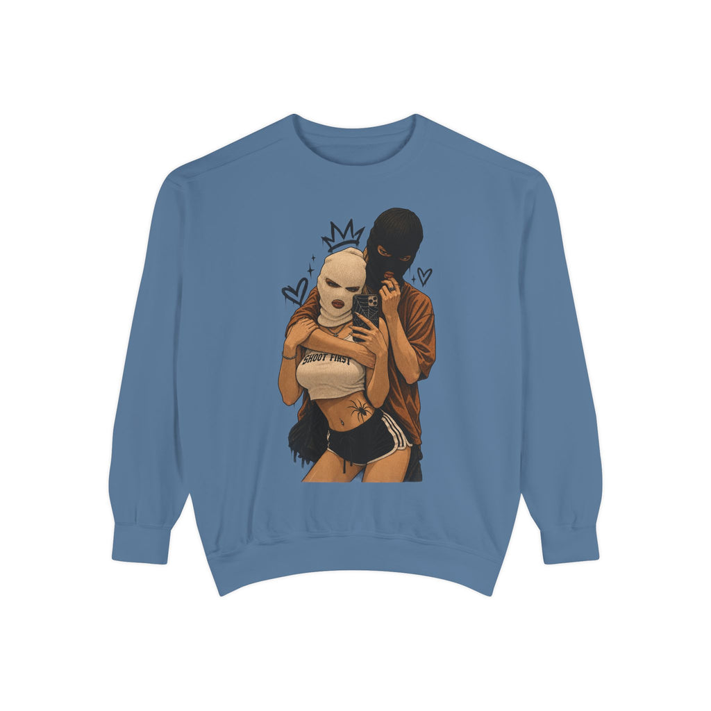 Couple Selfie Graphic Sweatshirt — Masked Lovers Illustration