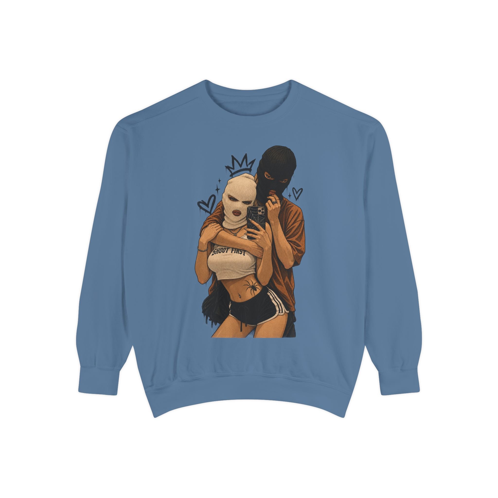 Couple Selfie Graphic Sweatshirt — Masked Lovers Illustration