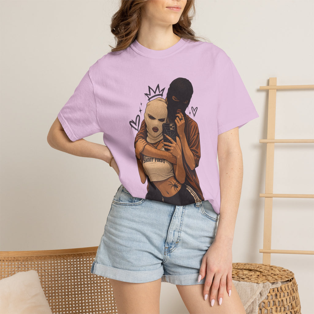 Masked Couple Graphic T-Shirt — Urban Streetwear Tee with Crown & Hearts Design
