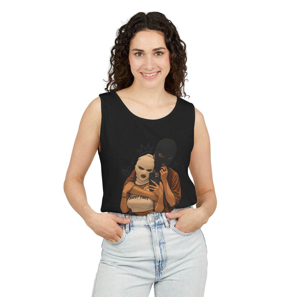 Masked Couple Graphic Tank Top — Edgy Streetwear Summer Tank