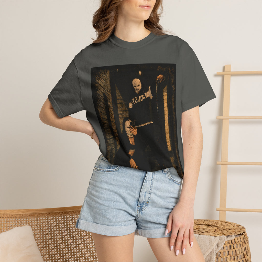 Horror Movie Scene Graphic T-Shirt — Vintage Masked Killer Photo Tee