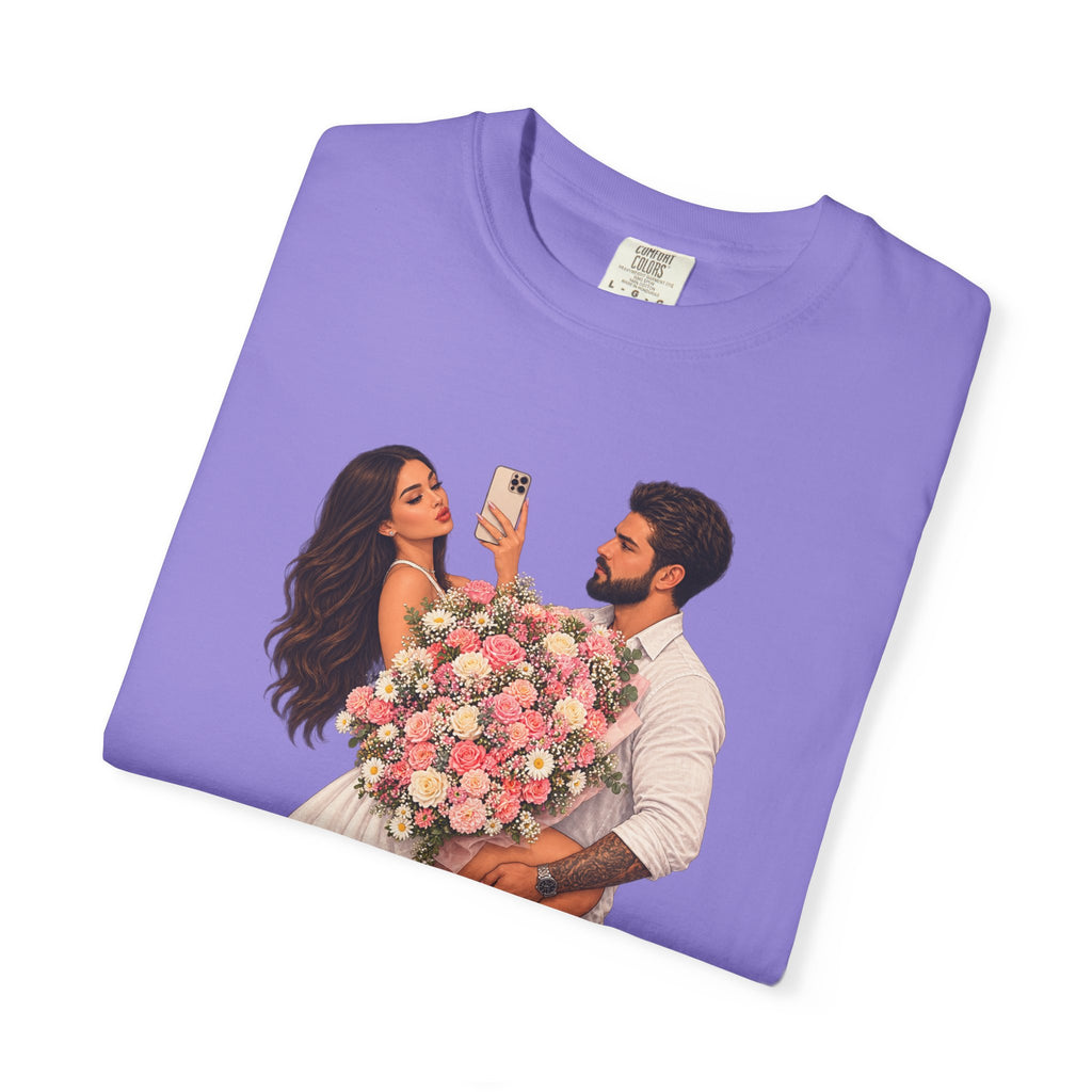 Couple Holding Bouquet Graphic T-Shirt — Romantic Date & Anniversary Tee