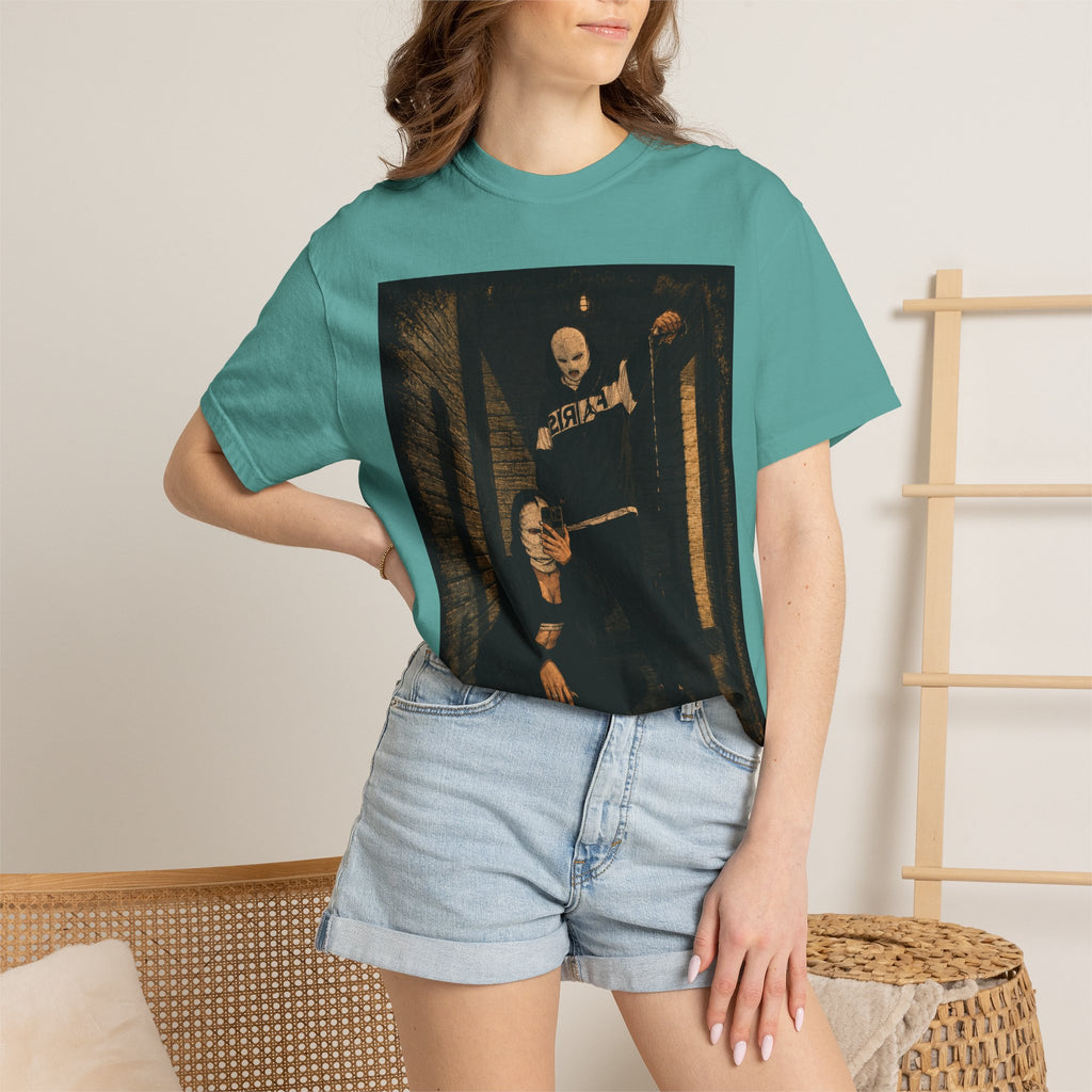 Horror Movie Scene Graphic T-Shirt — Vintage Masked Killer Photo Tee