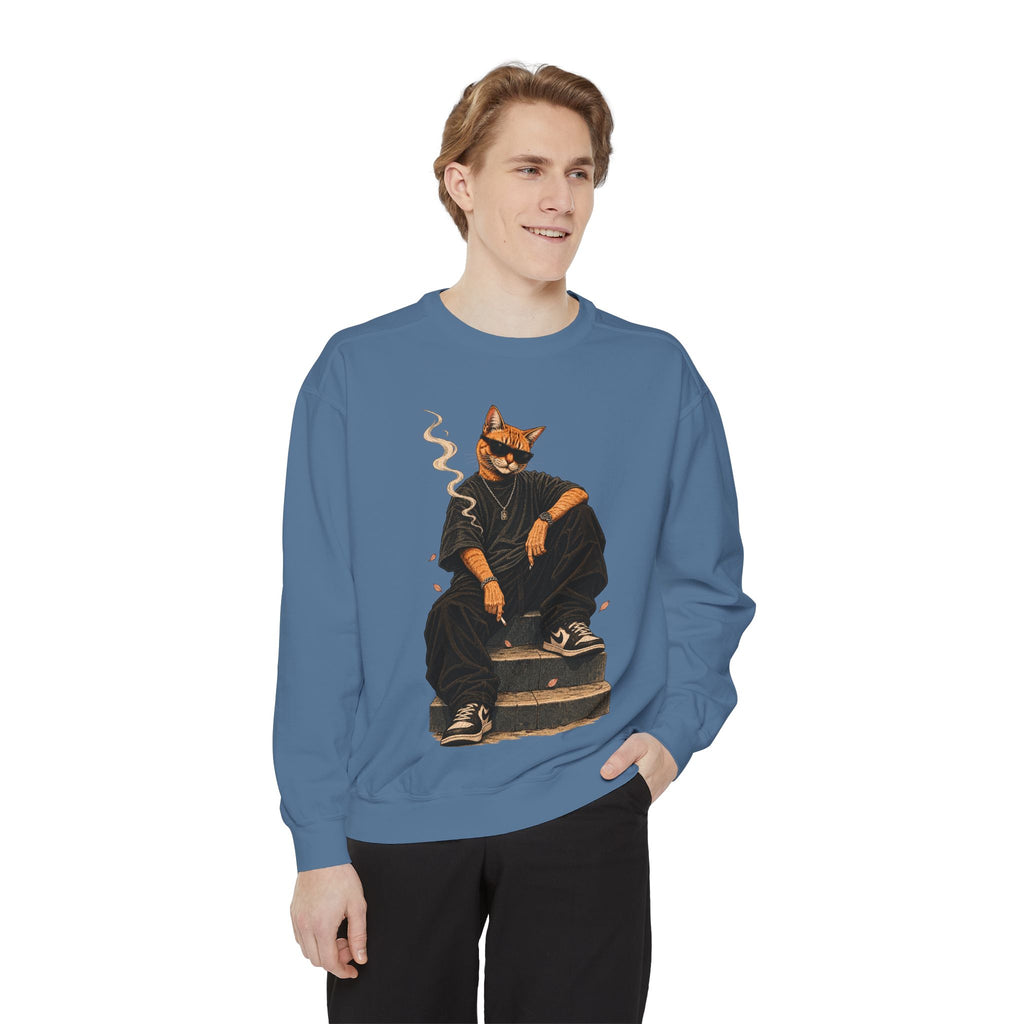 Cat Gangster Sweatshirt — Retro Cool Cat Sitting, Smoky Streetwear Crewneck