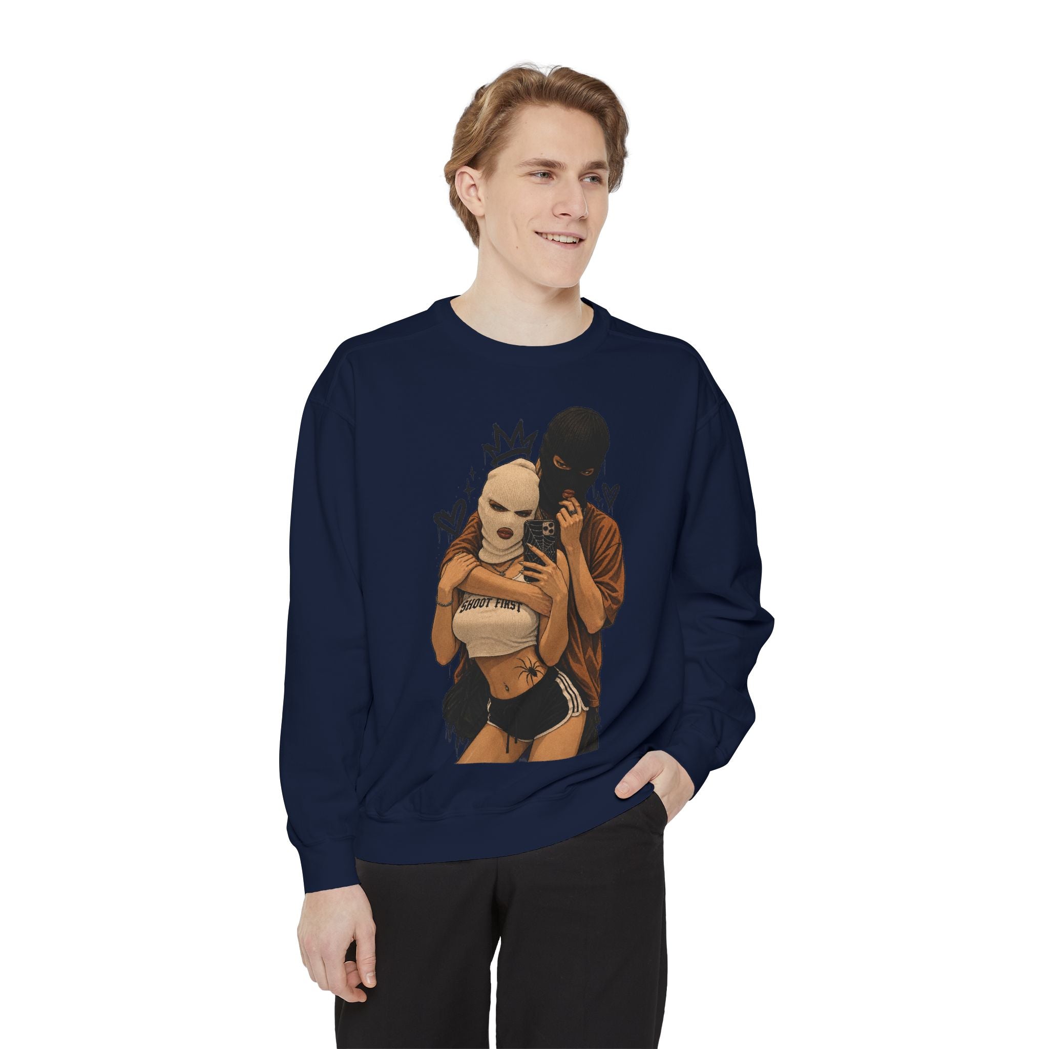 Couple Selfie Graphic Sweatshirt — Masked Lovers Illustration