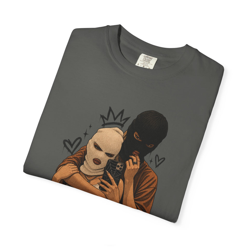 Masked Couple Graphic T-Shirt — Urban Streetwear Tee with Crown & Hearts Design