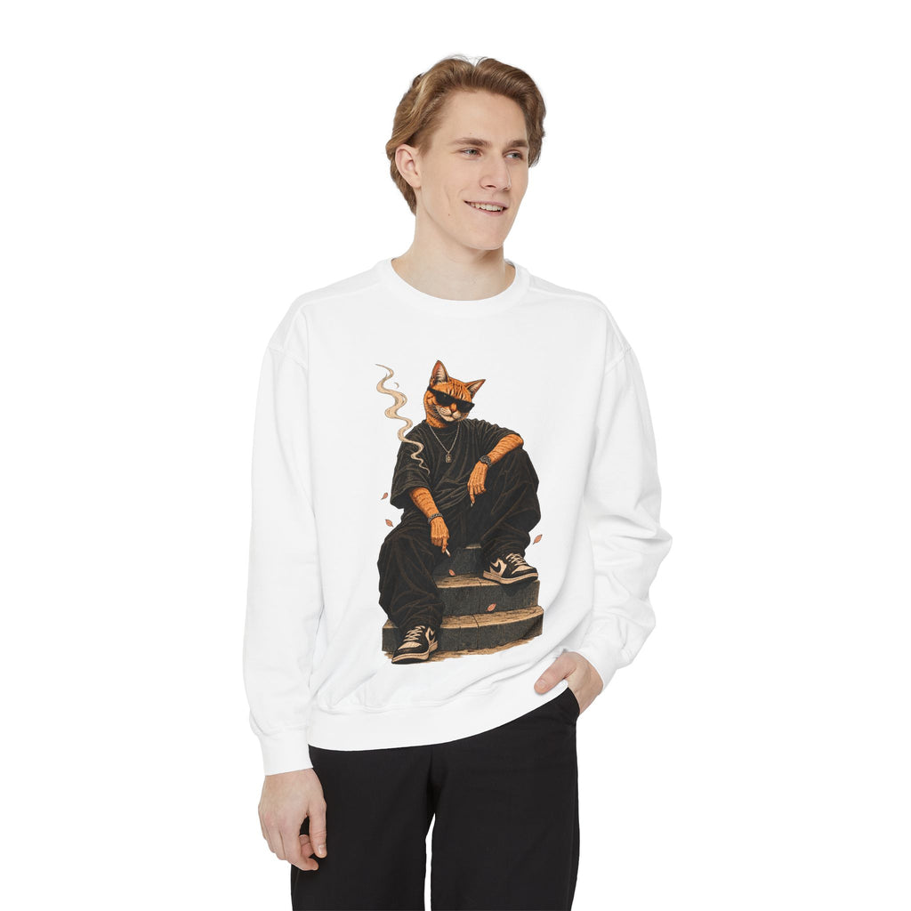 Cat Gangster Sweatshirt — Retro Cool Cat Sitting, Smoky Streetwear Crewneck