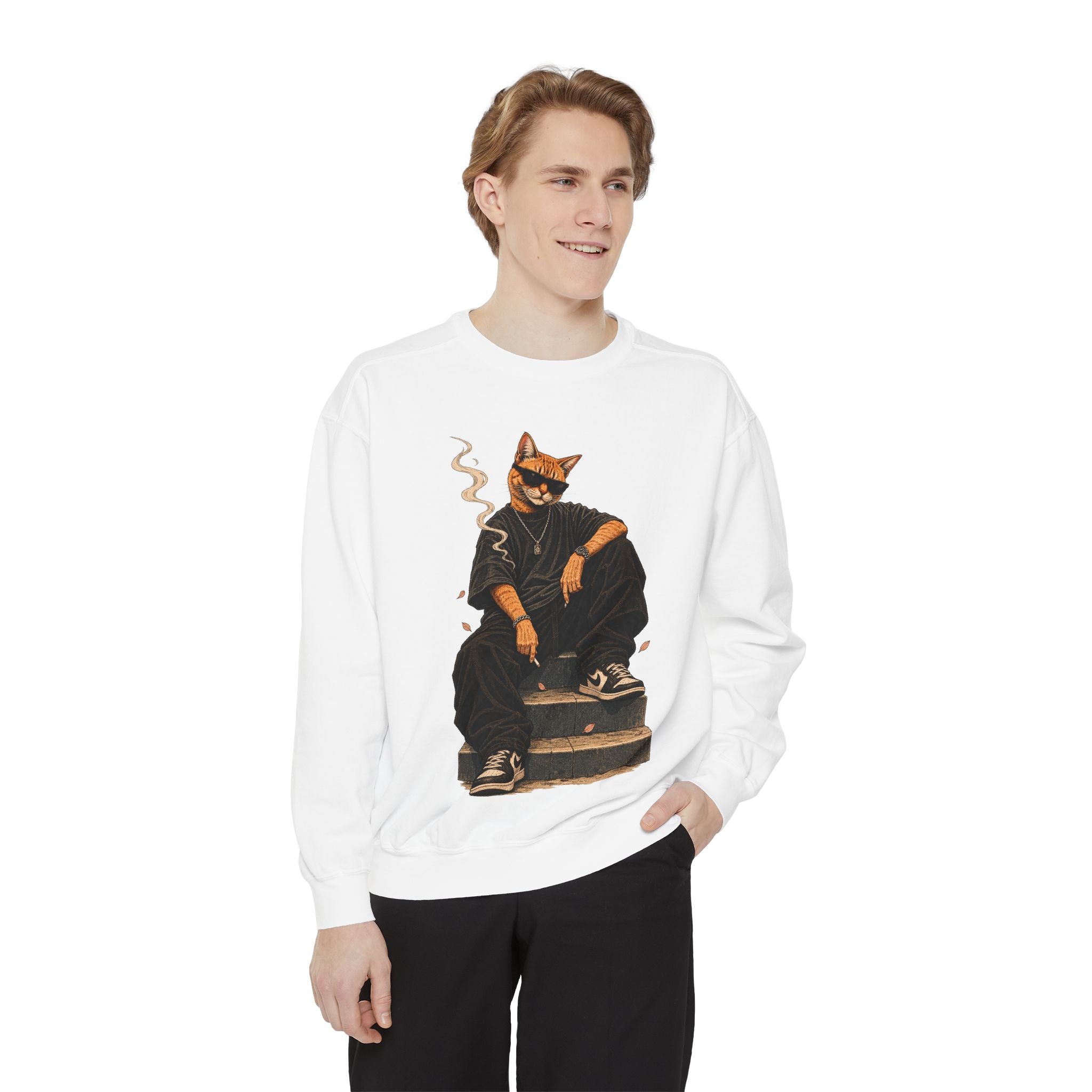 Cat Gangster Sweatshirt — Retro Cool Cat Sitting, Smoky Streetwear Crewneck
