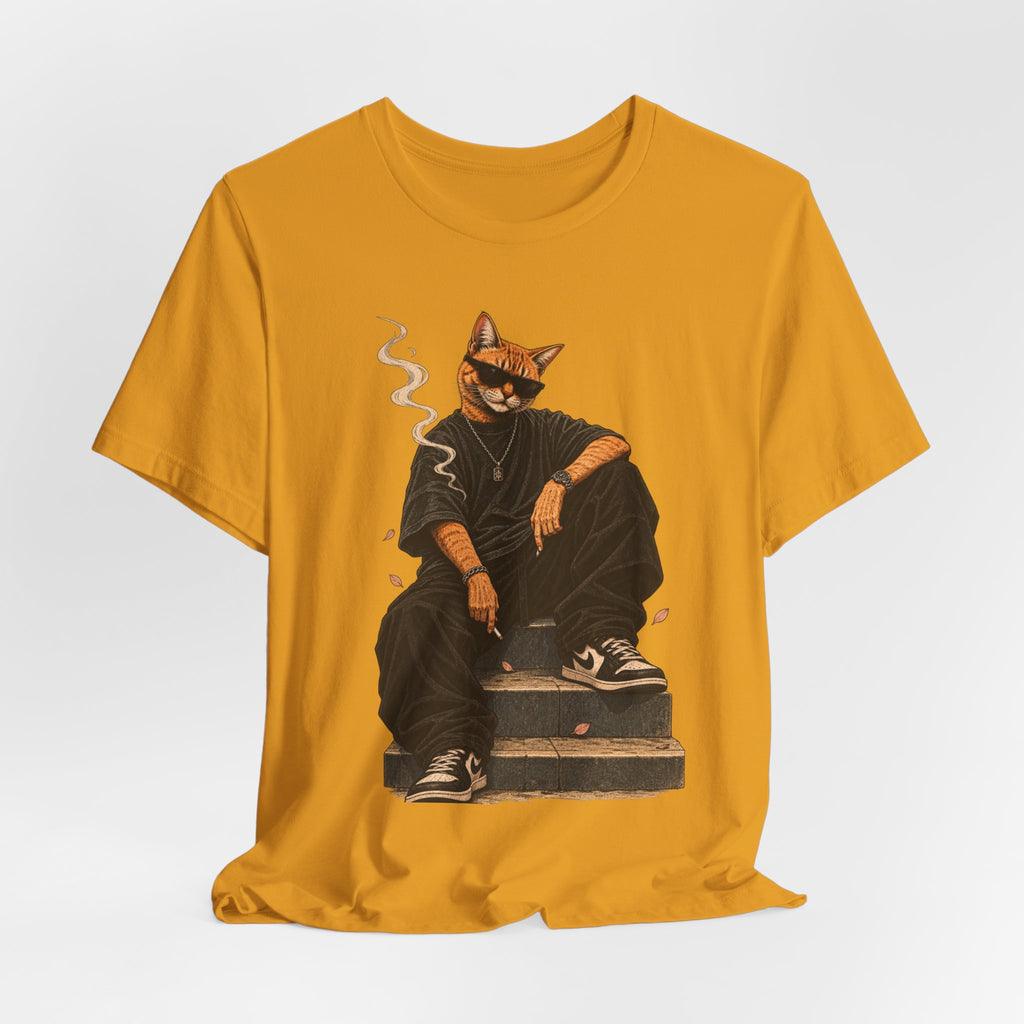 Cat King Streetwear T-Shirt — Cool Cat Sitting with Sunglasses & Smoke
