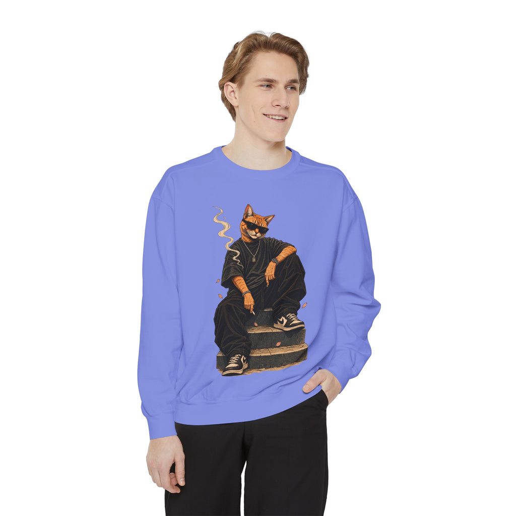 Cat Gangster Sweatshirt — Retro Cool Cat Sitting, Smoky Streetwear Crewneck