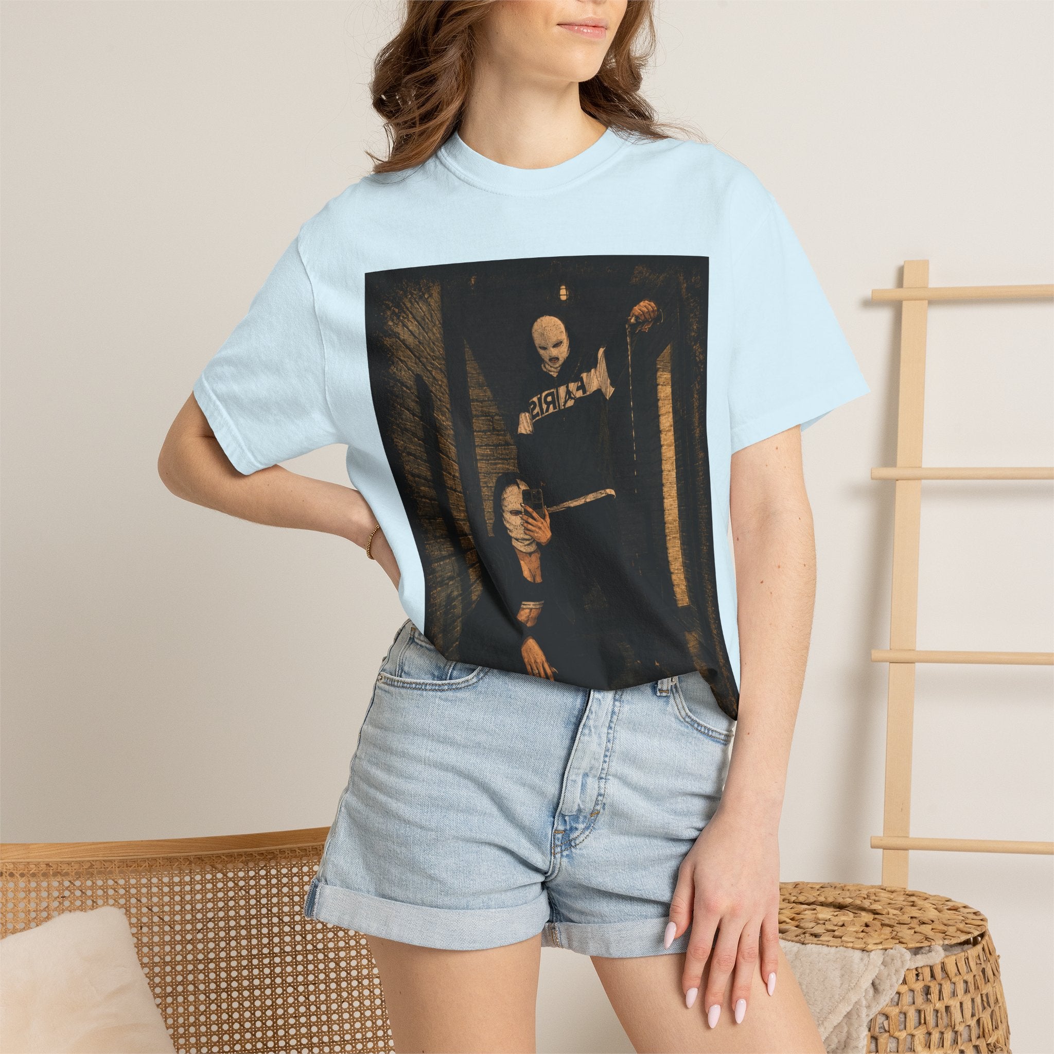 Horror Movie Scene Graphic T-Shirt — Vintage Masked Killer Photo Tee