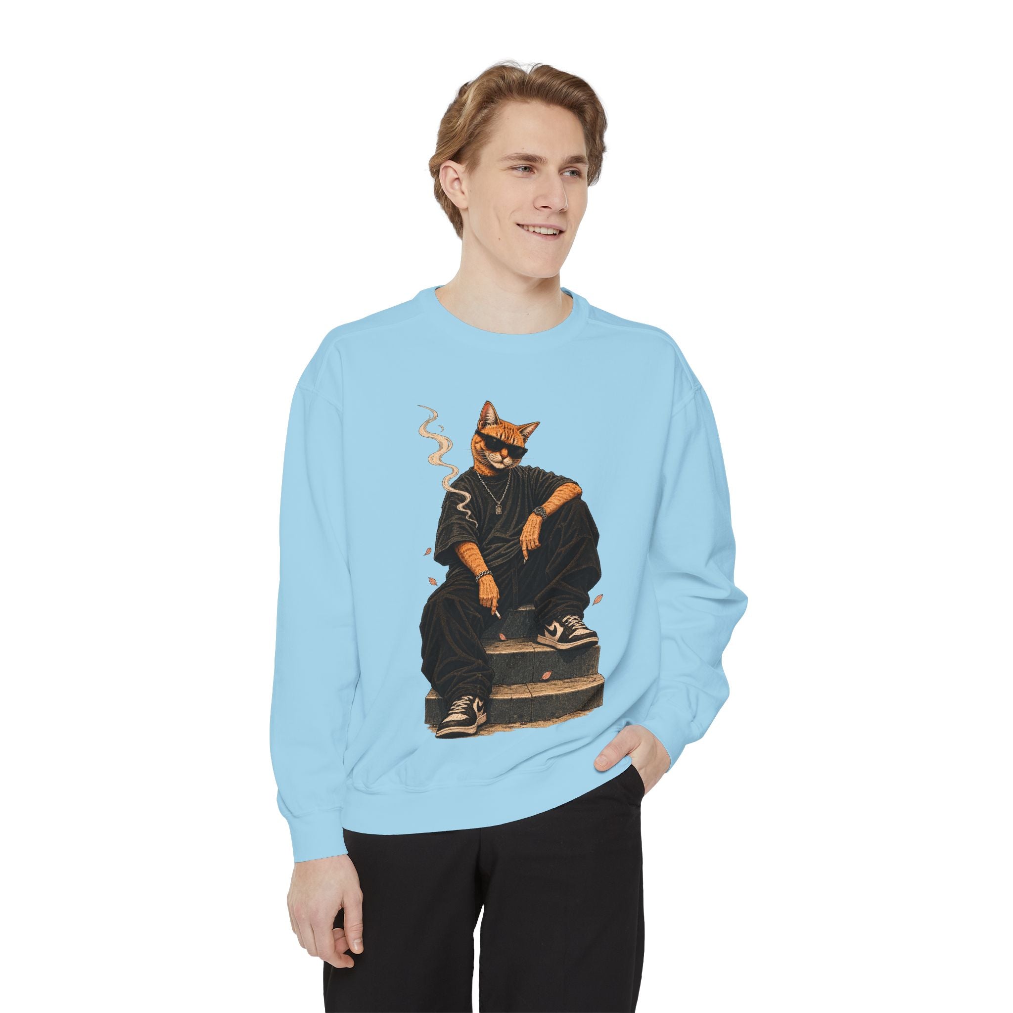 Cat Gangster Sweatshirt — Retro Cool Cat Sitting, Smoky Streetwear Crewneck