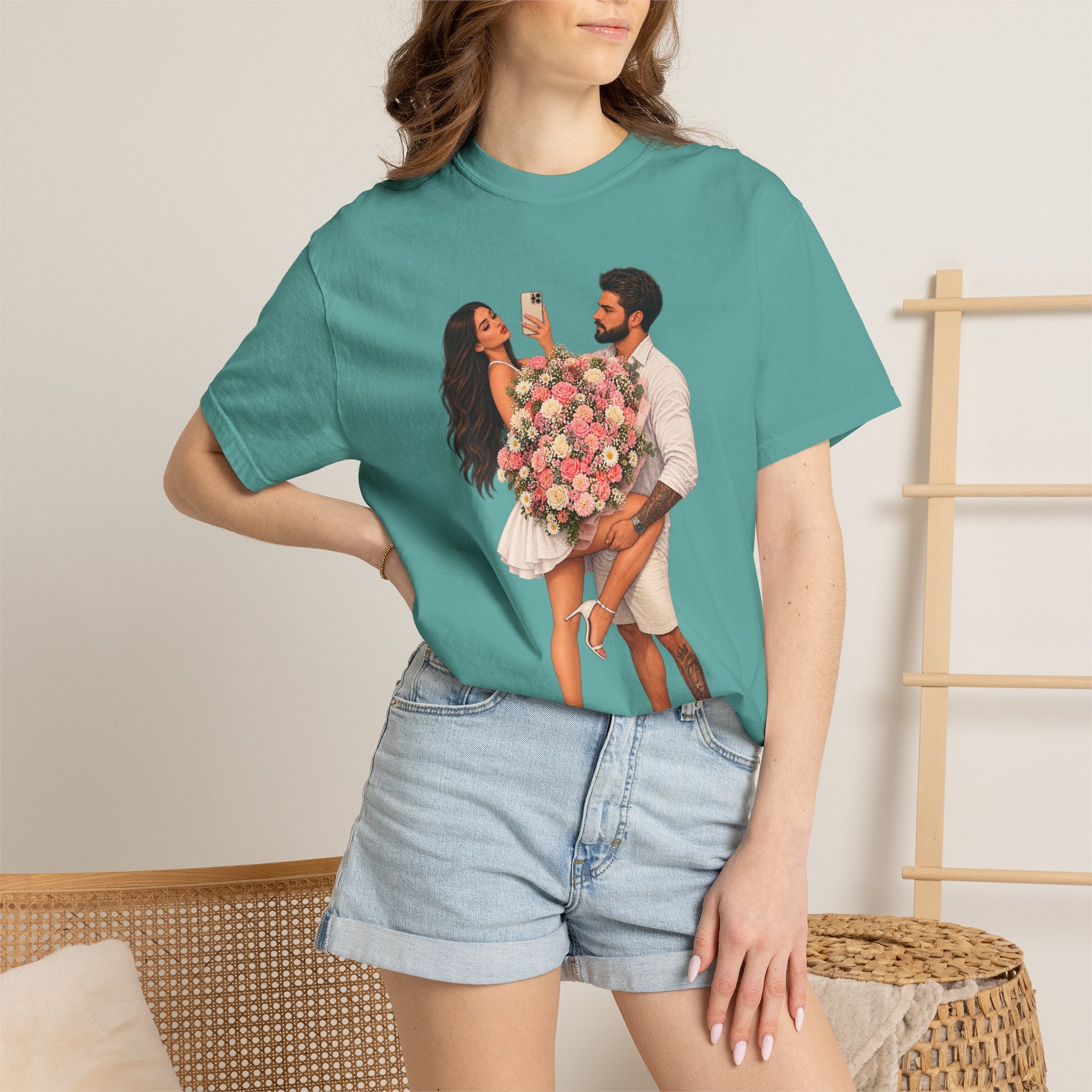 Couple Holding Bouquet Graphic T-Shirt — Romantic Date & Anniversary Tee