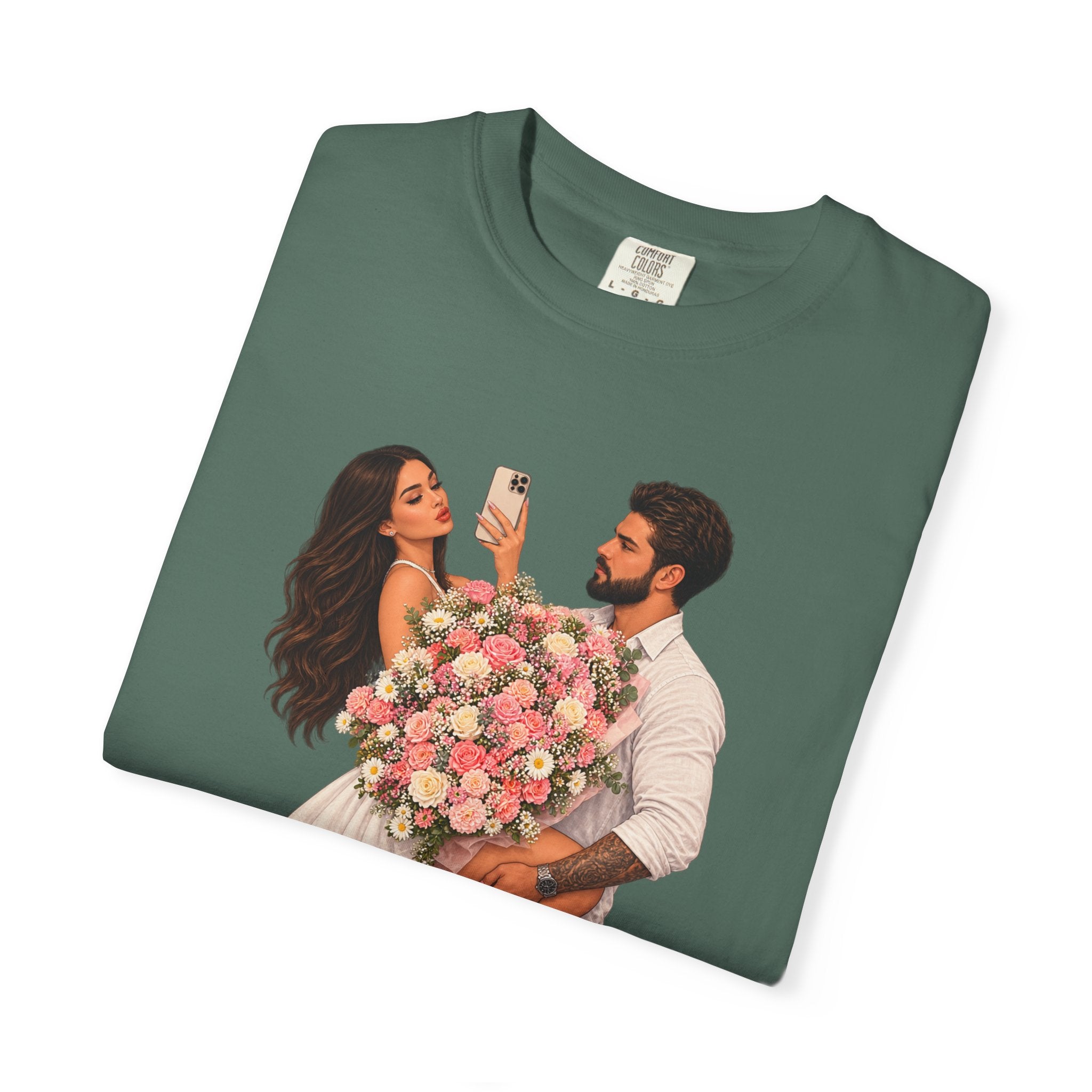 Couple Holding Bouquet Graphic T-Shirt — Romantic Date & Anniversary Tee