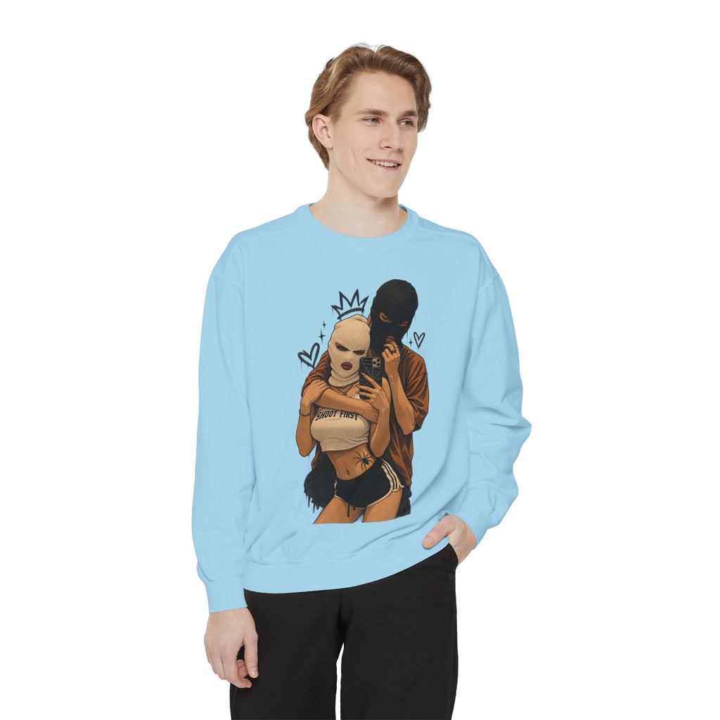 Couple Selfie Graphic Sweatshirt — Masked Lovers Illustration