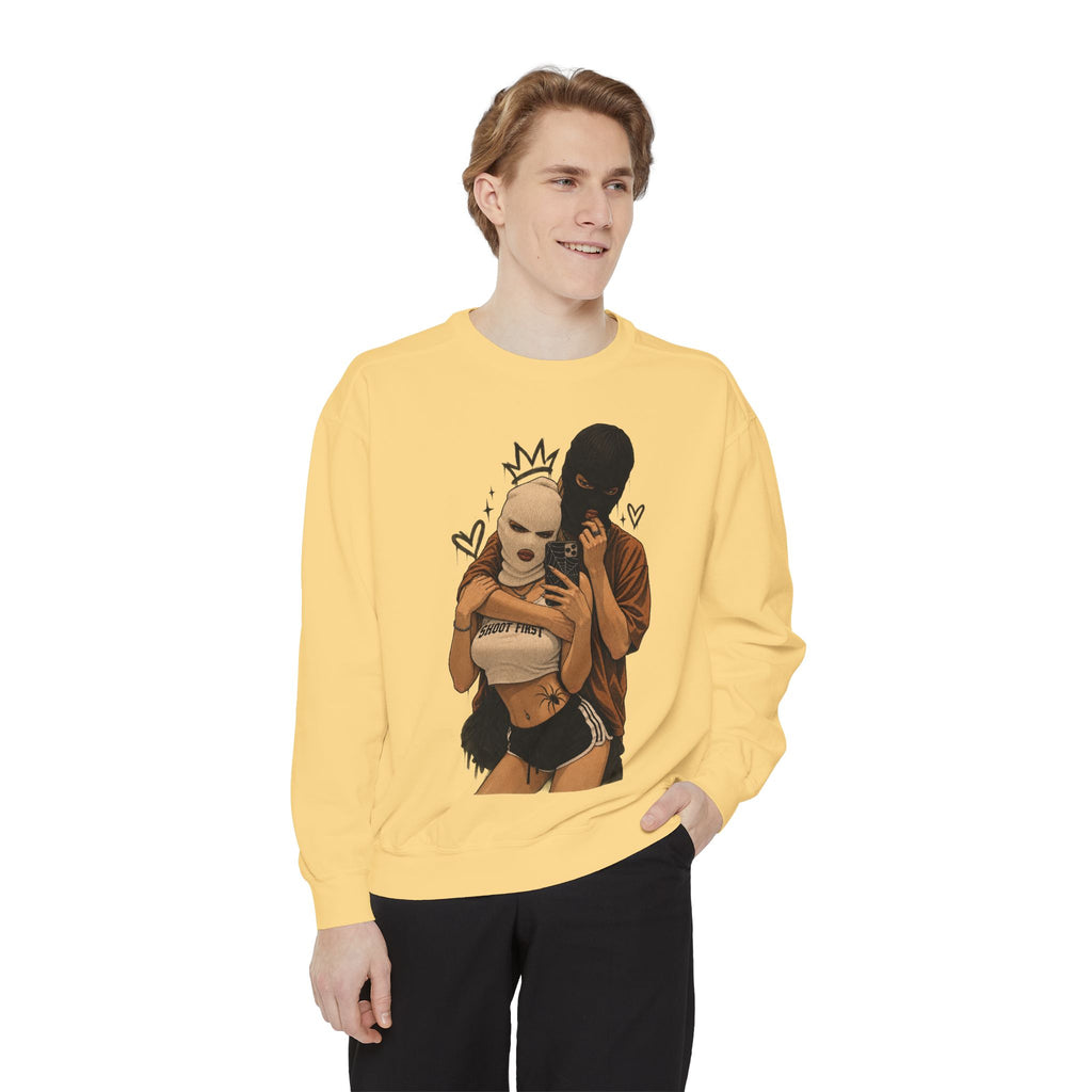 Couple Selfie Graphic Sweatshirt — Masked Lovers Illustration