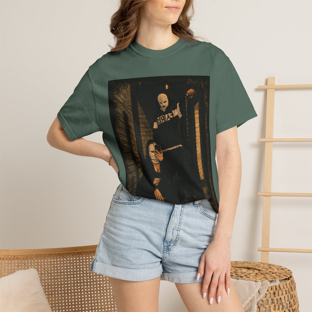Horror Movie Scene Graphic T-Shirt — Vintage Masked Killer Photo Tee