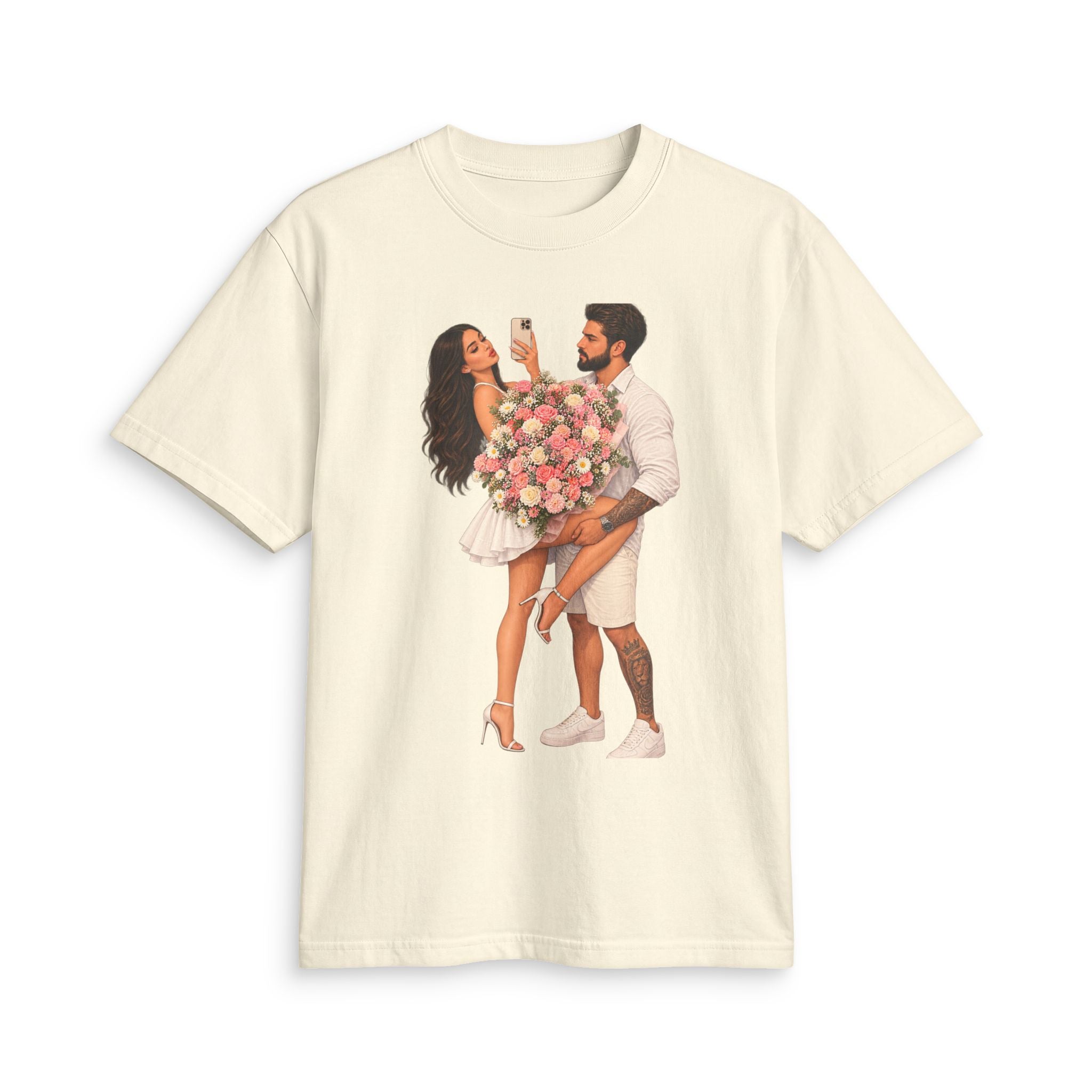 Romantic Couple Graphic Tee — Man Giving Bouquet to Woman