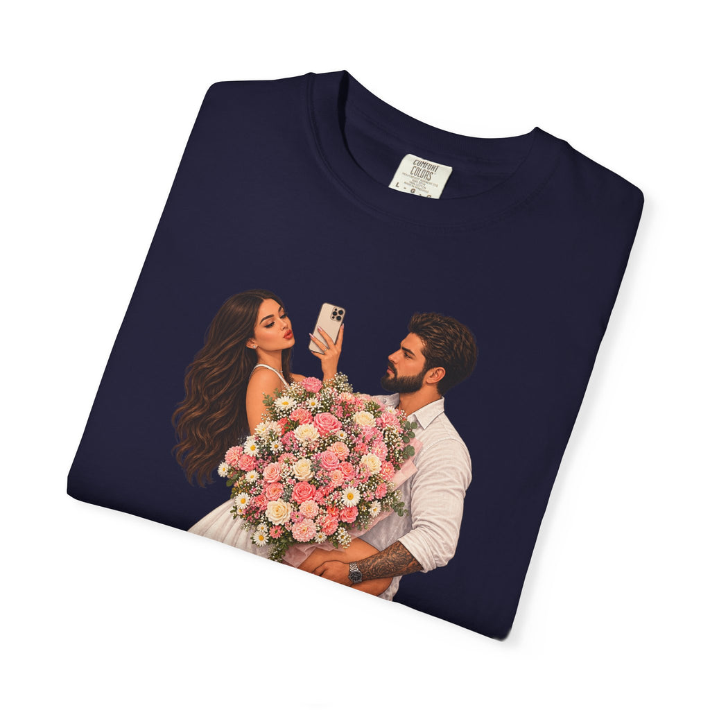 Couple Holding Bouquet Graphic T-Shirt — Romantic Date & Anniversary Tee