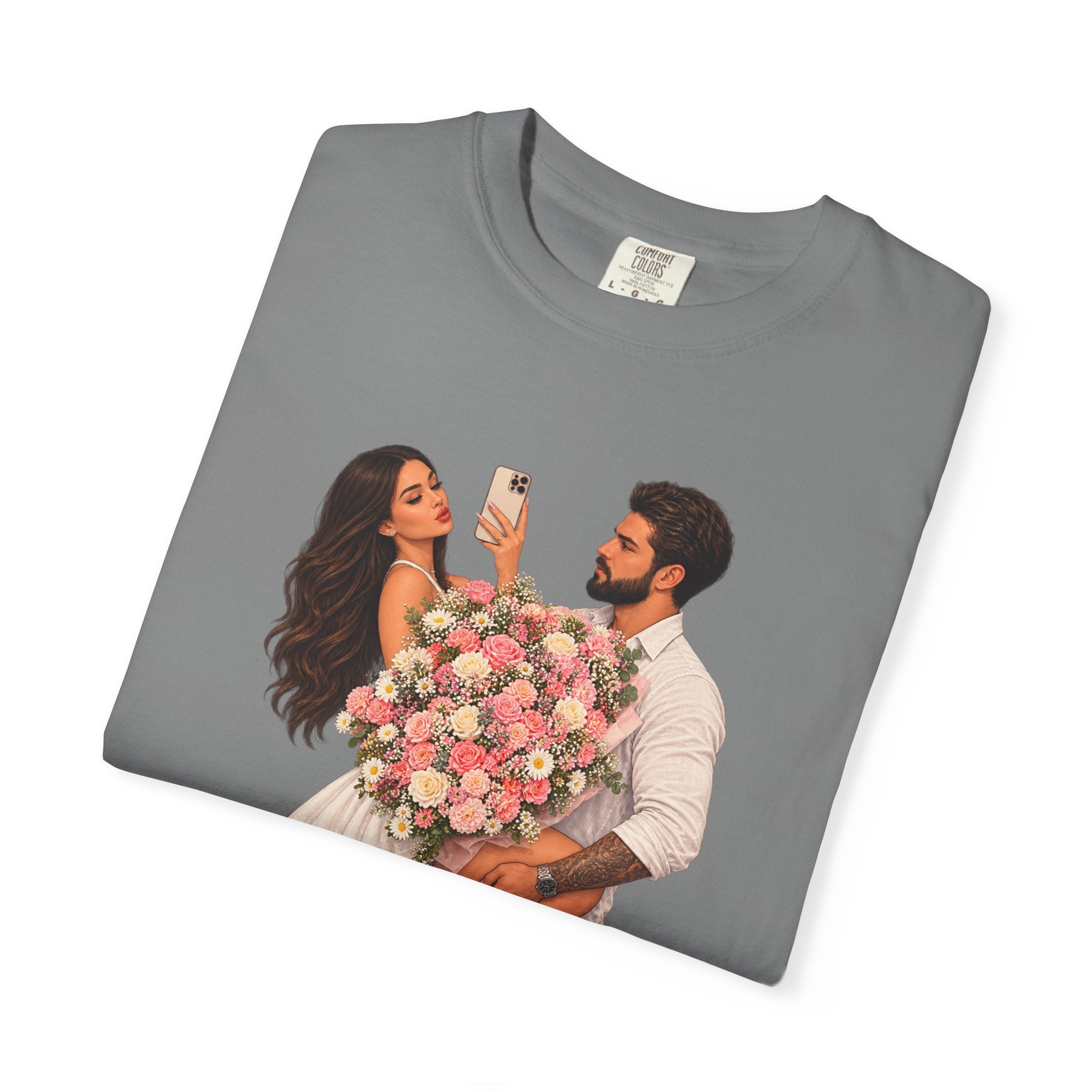 Couple Holding Bouquet Graphic T-Shirt — Romantic Date & Anniversary Tee