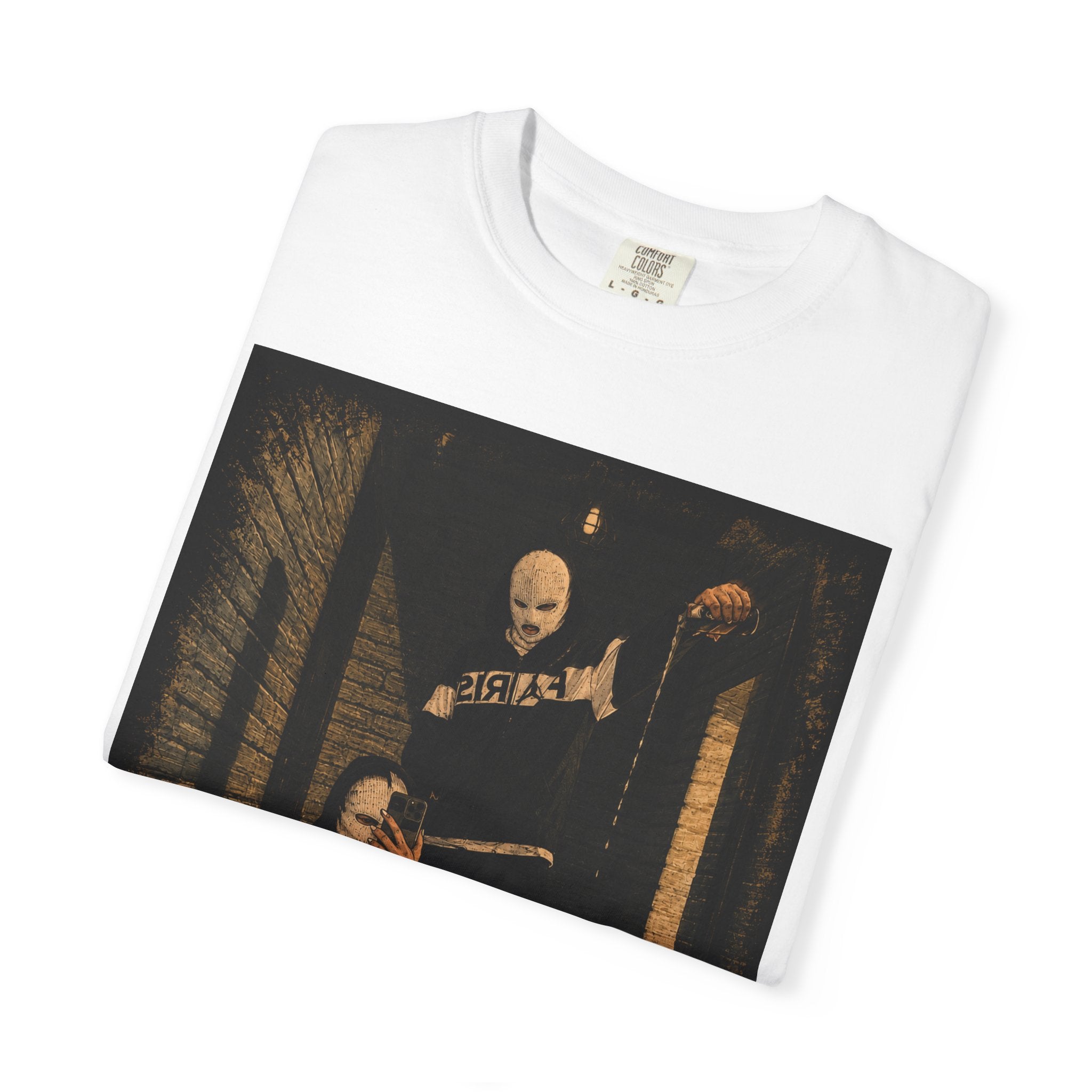 Horror Movie Scene Graphic T-Shirt — Vintage Masked Killer Photo Tee