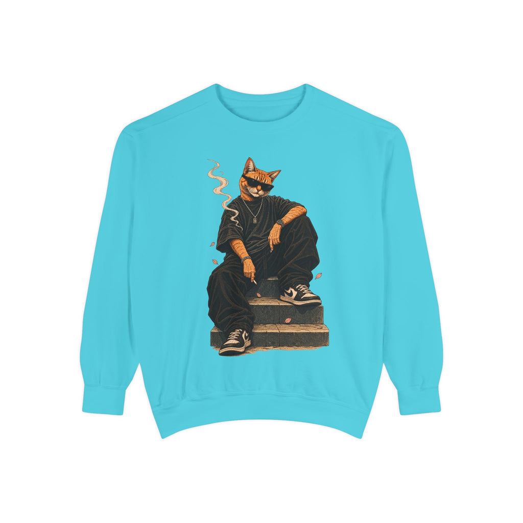 Cat Gangster Sweatshirt — Retro Cool Cat Sitting, Smoky Streetwear Crewneck