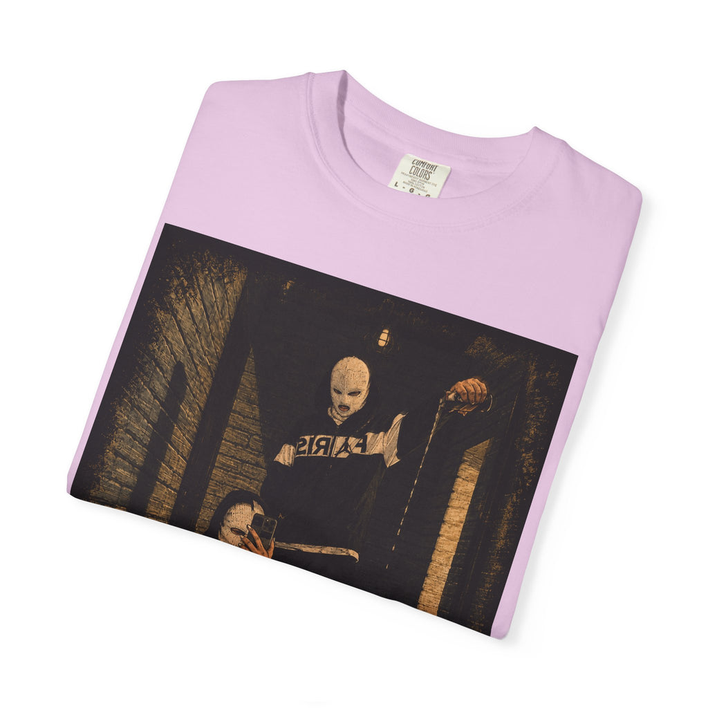 Horror Movie Scene Graphic T-Shirt — Vintage Masked Killer Photo Tee